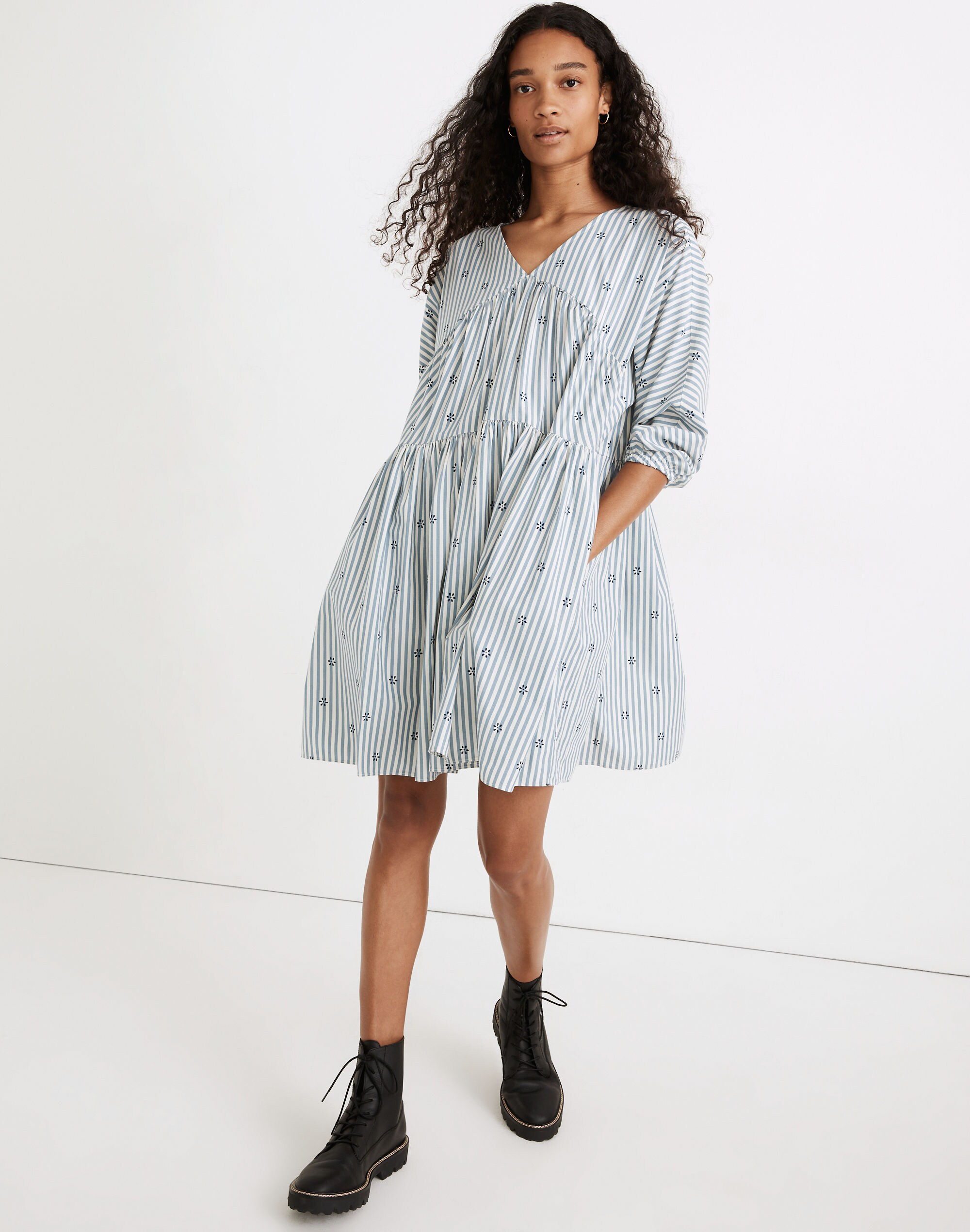 Striped V-Neck Tiered Mini Dress