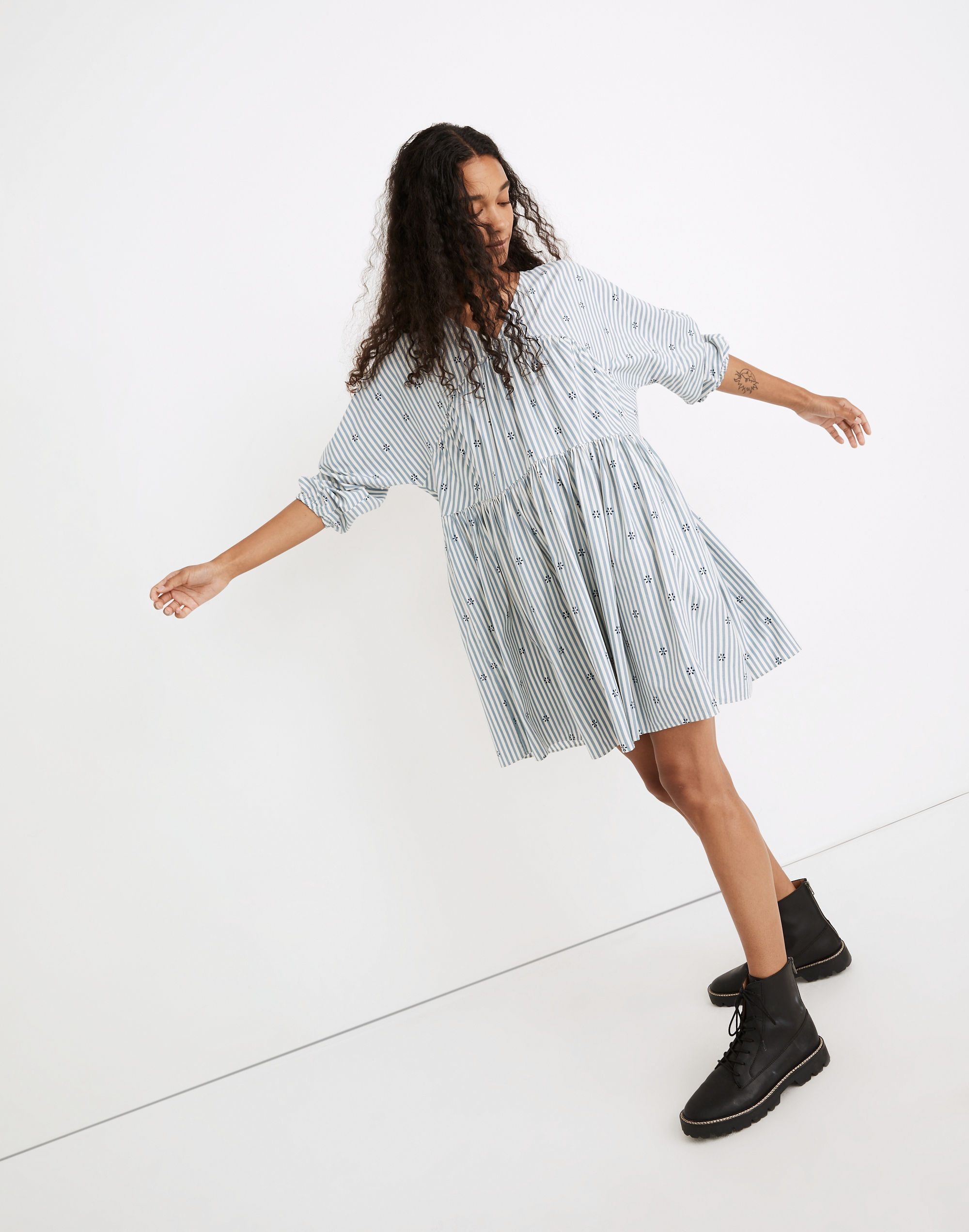 striped v-neck tiered mini dress