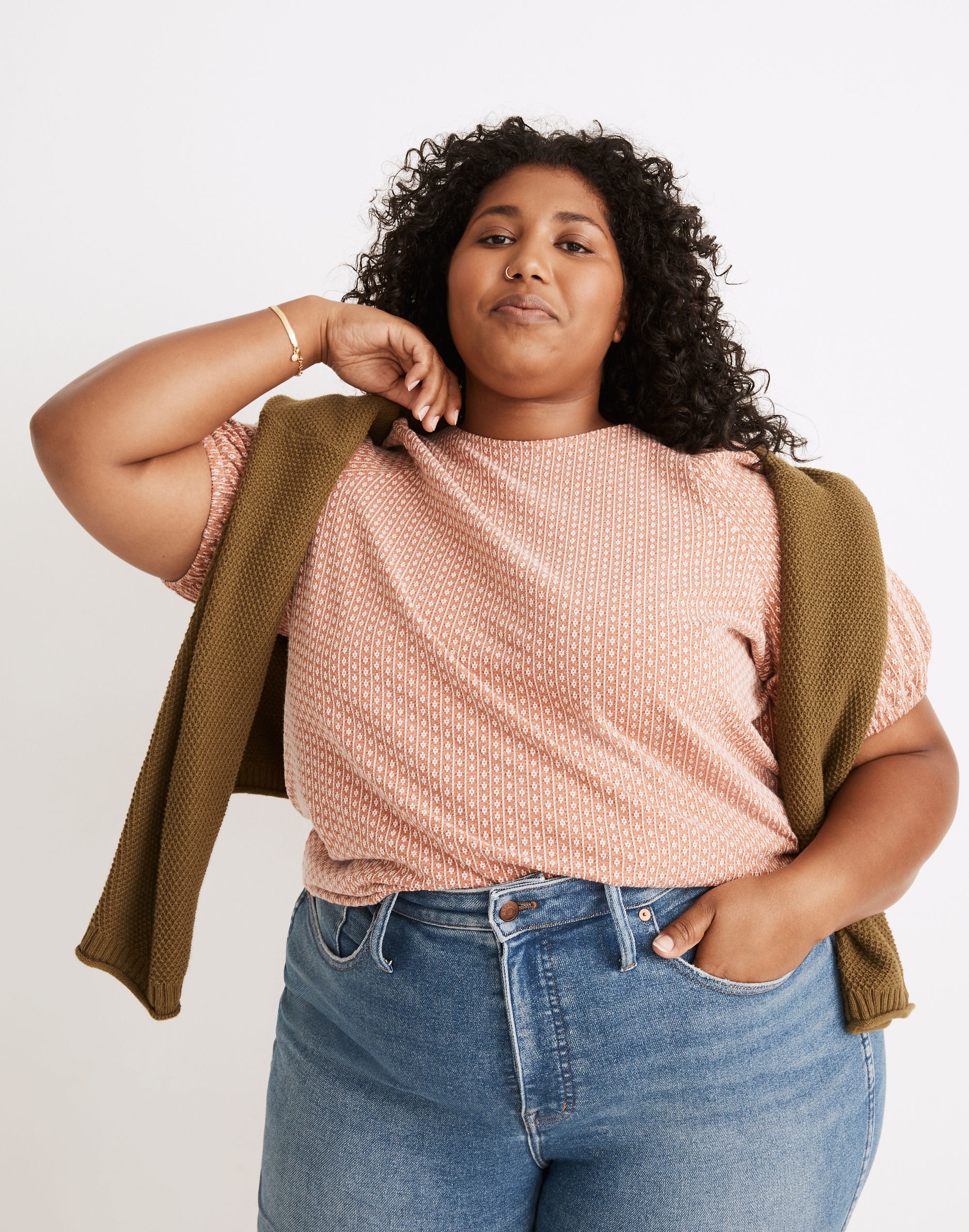 Plus Floral Jacquard Puff-Sleeve Tee