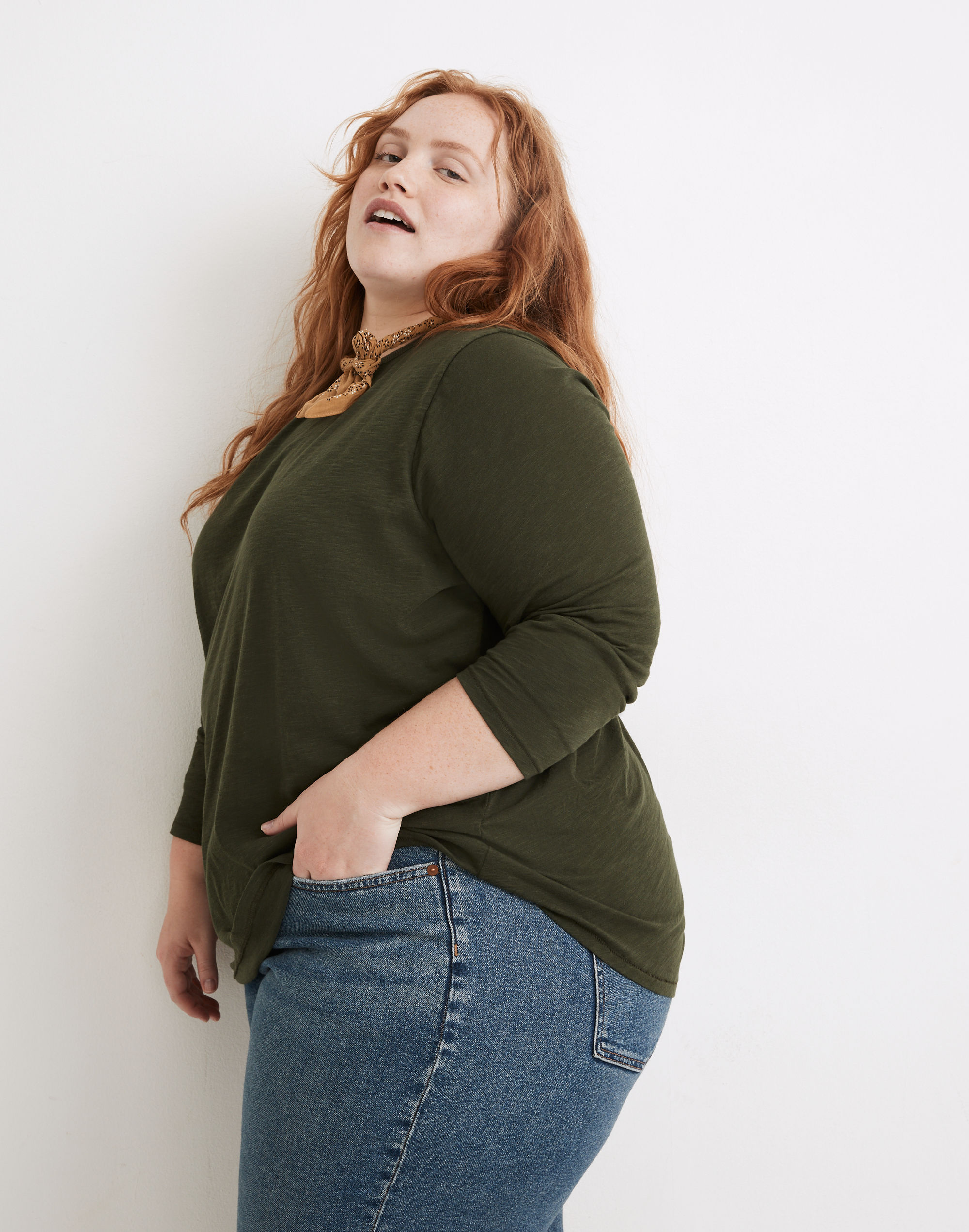 Plus Whisper Cotton Rib-Crewneck Long-Sleeve Tee in Mulford Stripe