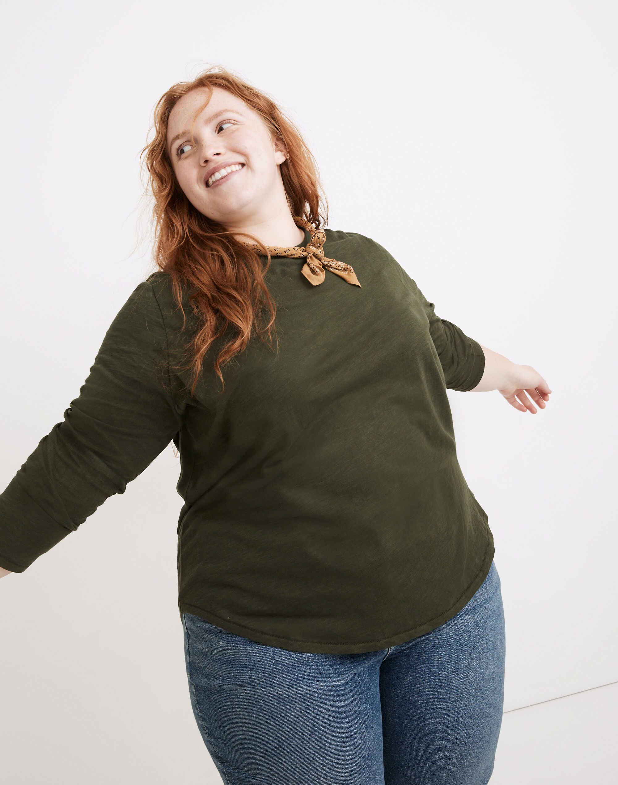 Plus Whisper Cotton Rib-Crewneck Long-Sleeve Tee in Mulford Stripe