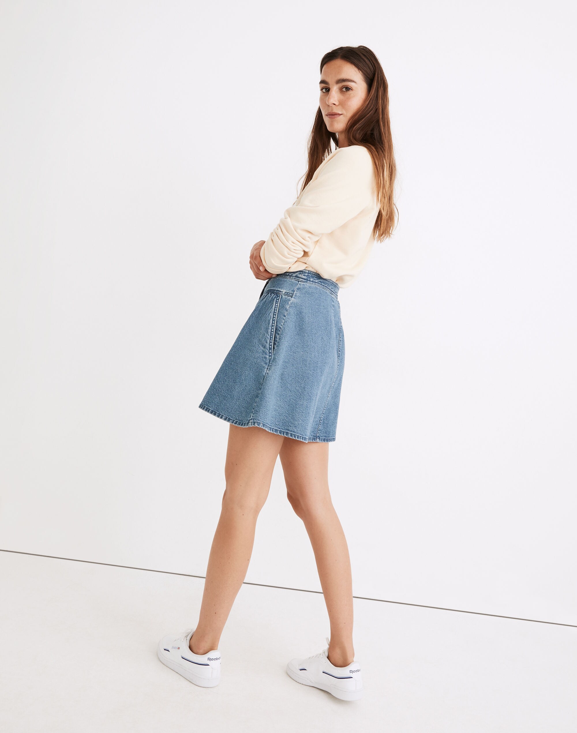 Denim Button-Front Gathered A-Line Mini Skirt