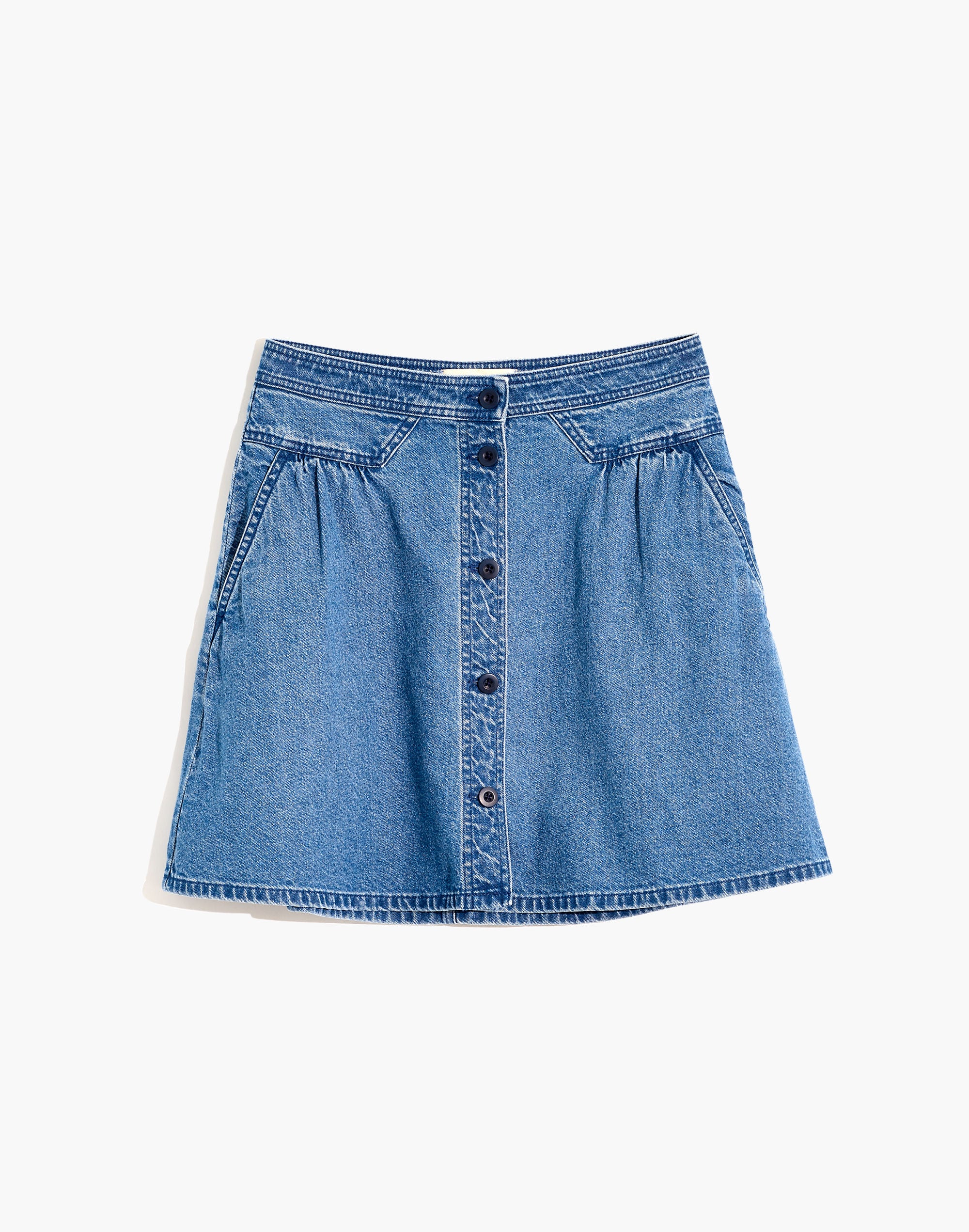 Denim Button-Front Gathered A-Line Mini Skirt