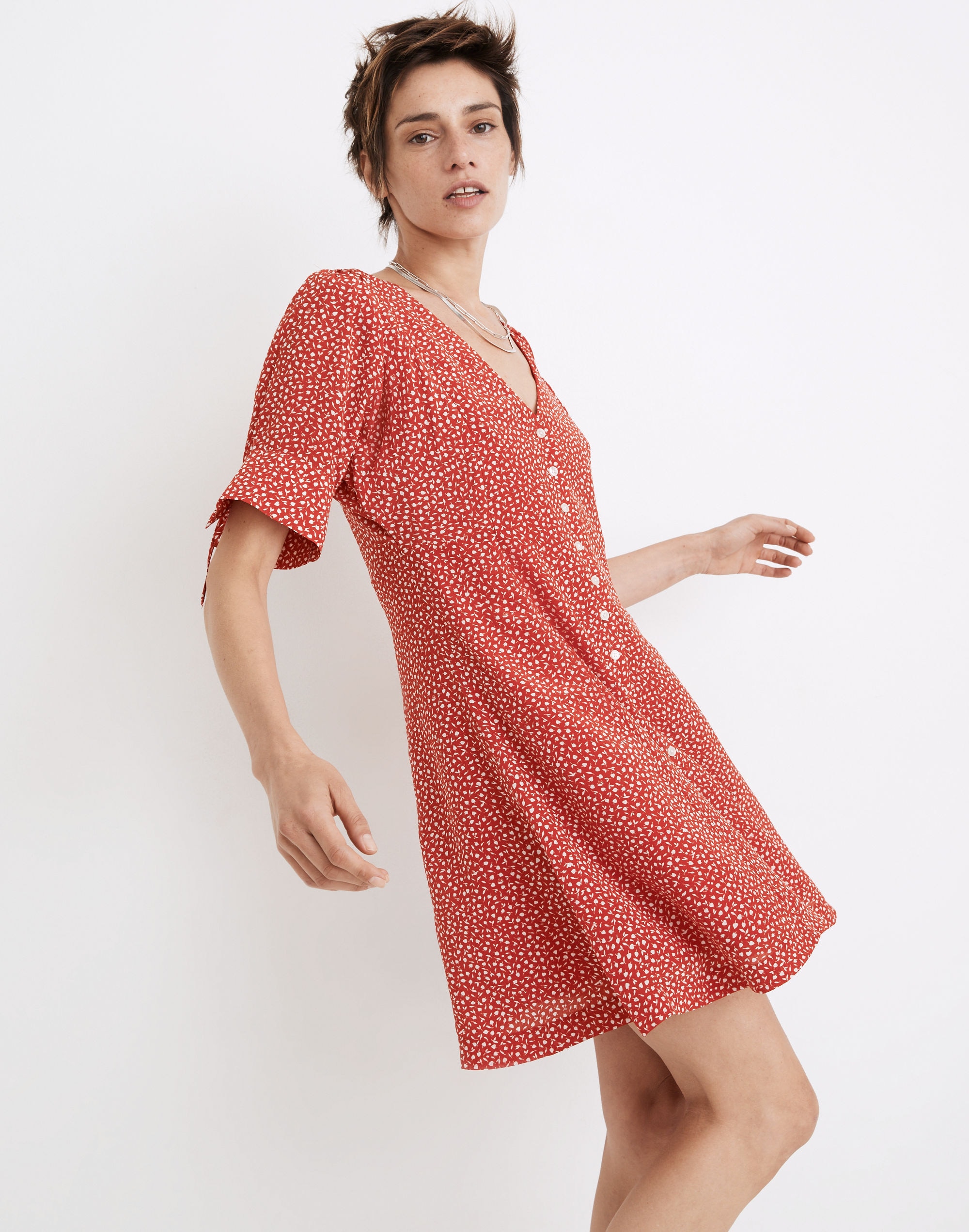 Silk Button-Front Mini Dress in Park Picnic