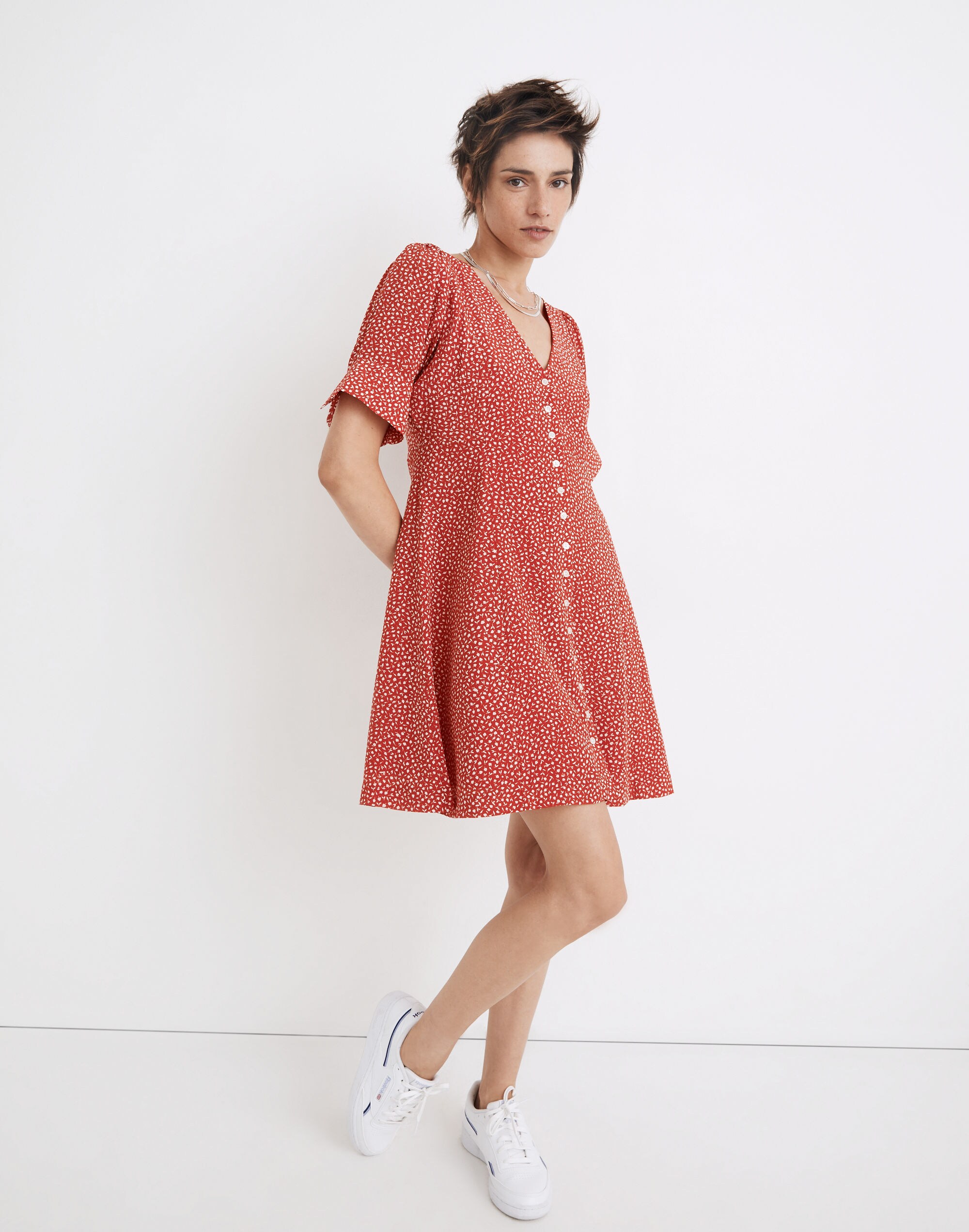Silk Button-Front Mini Dress in Park Picnic