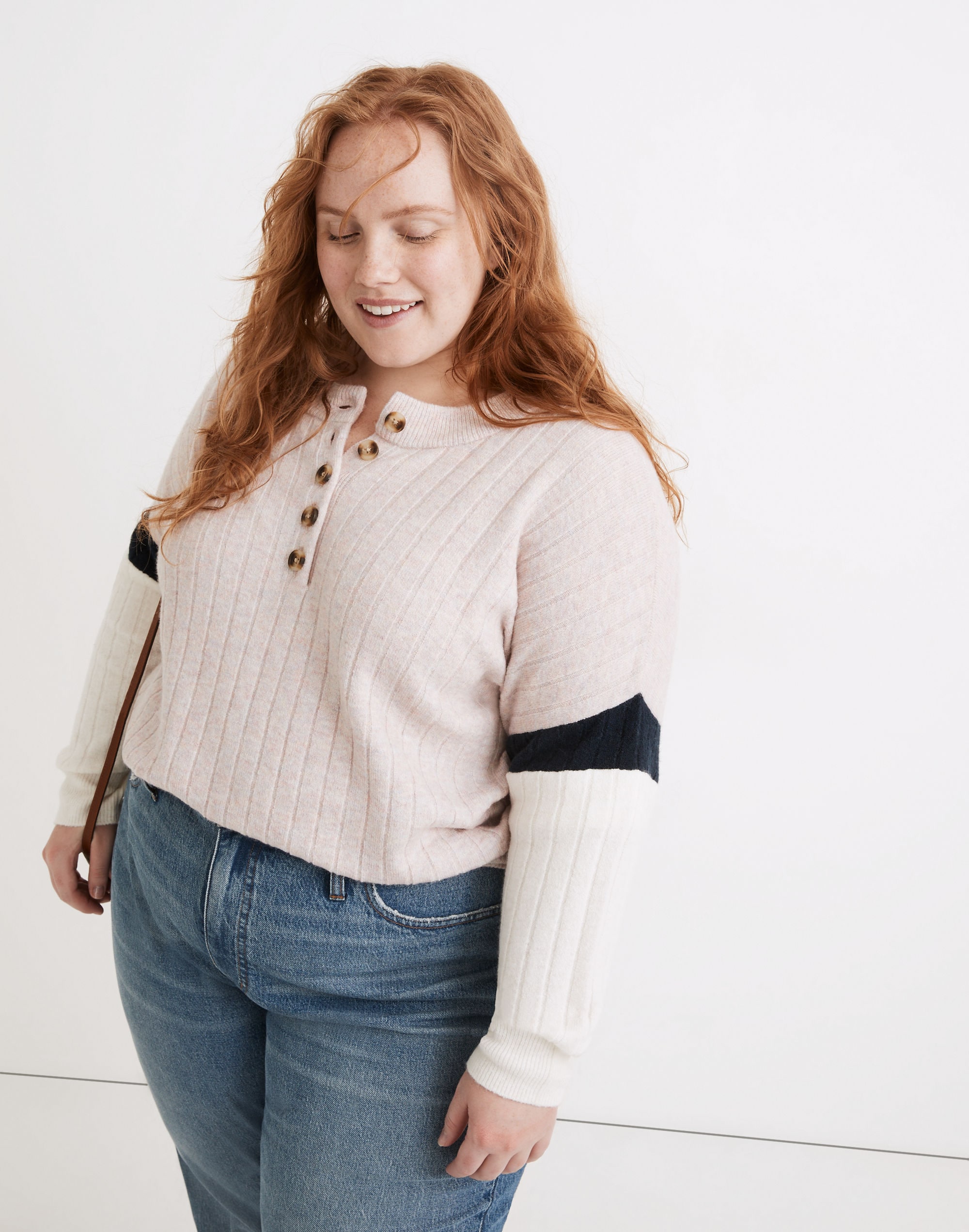 plus striped bowden henley sweater in coziest yarn