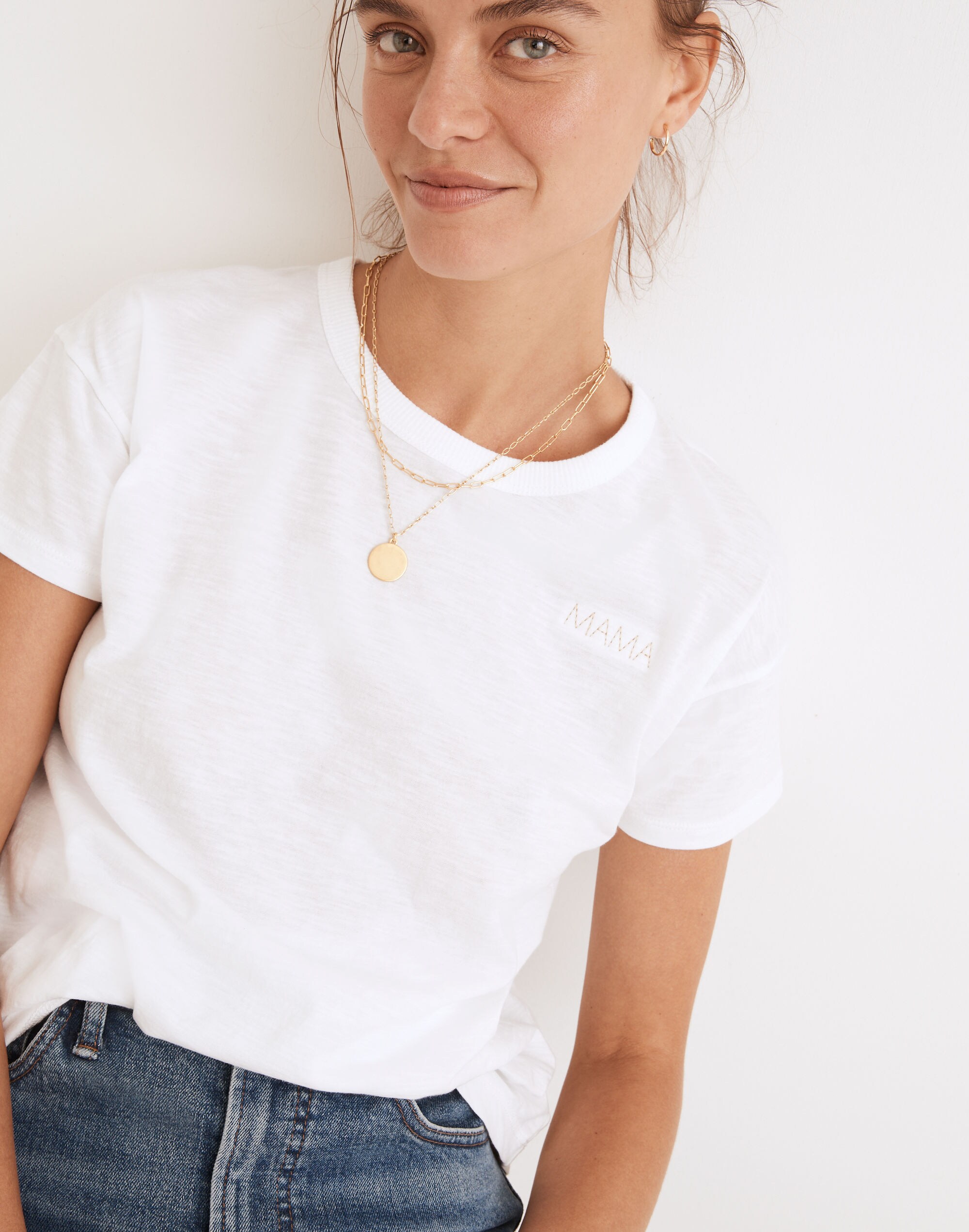 Mama Embroidered Whisper Cotton Rib-Crewneck Tee