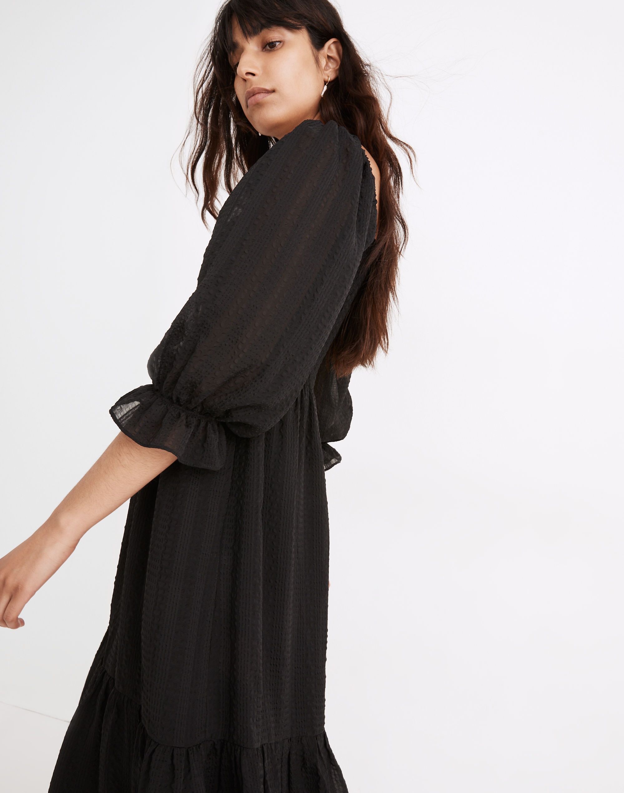 Lucie Elbow-Sleeve Smocked Midi Dress