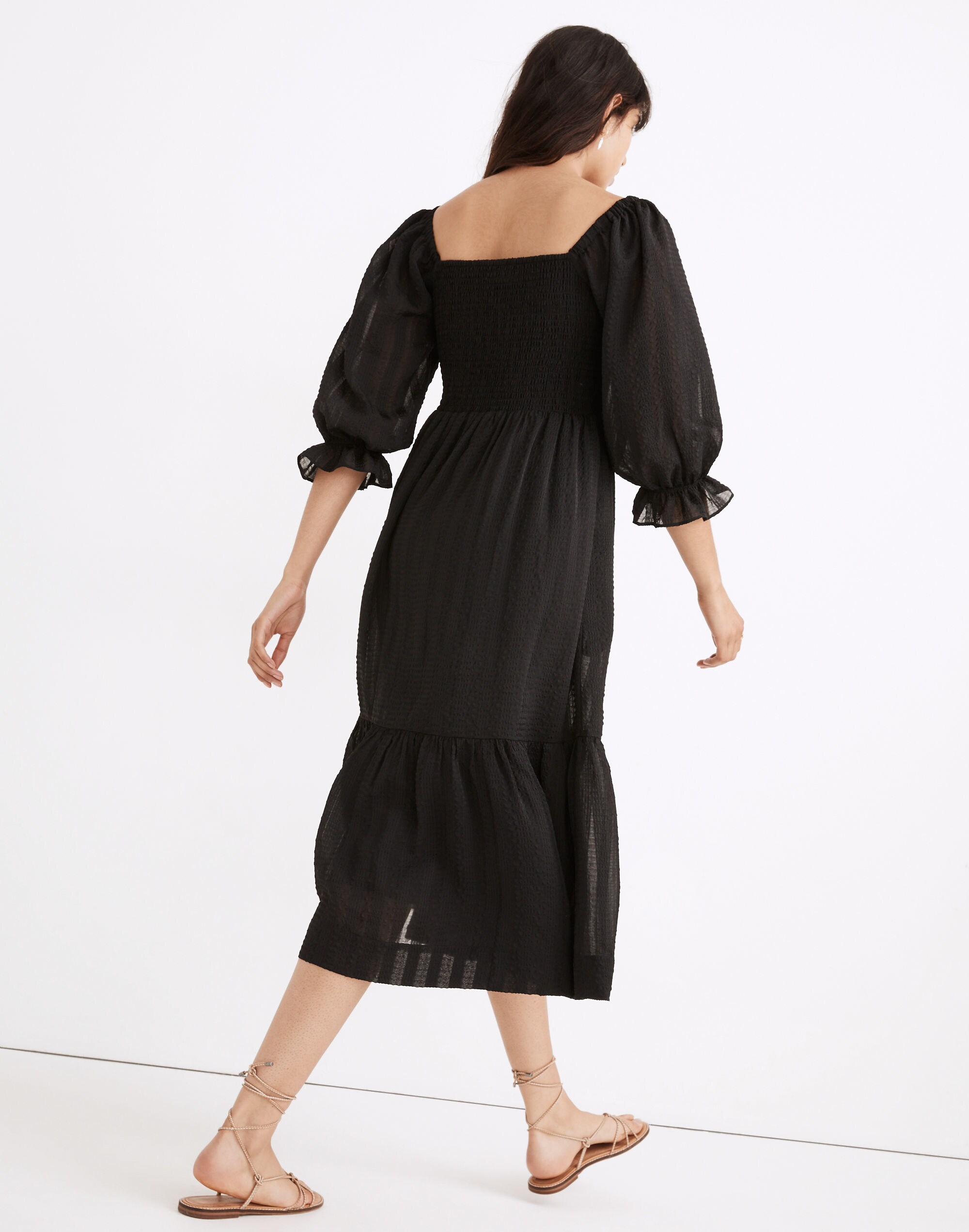 Lucie Elbow-Sleeve Smocked Midi Dress