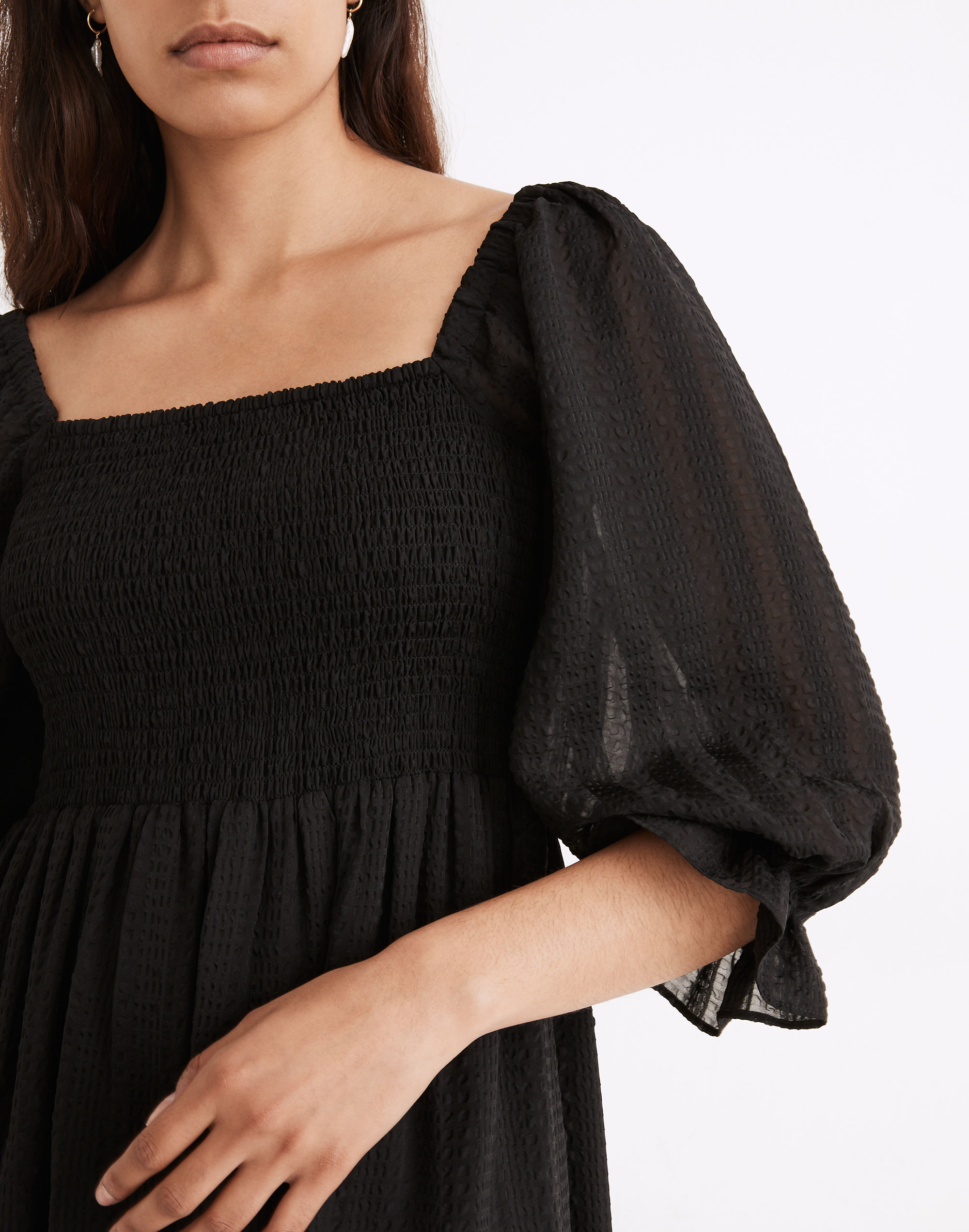 Lucie Elbow-Sleeve Smocked Midi Dress