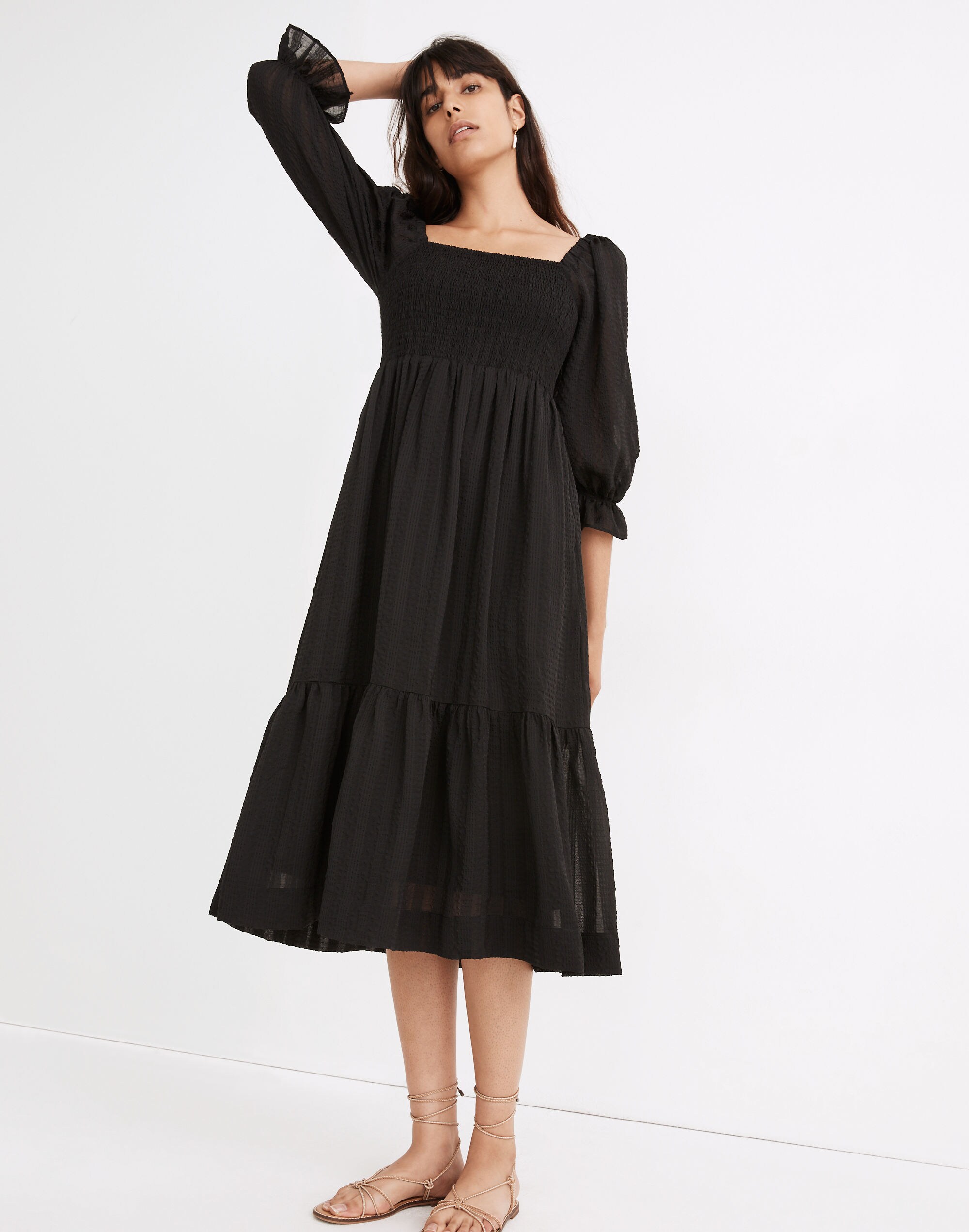 Lucie Elbow-Sleeve Smocked Midi Dress