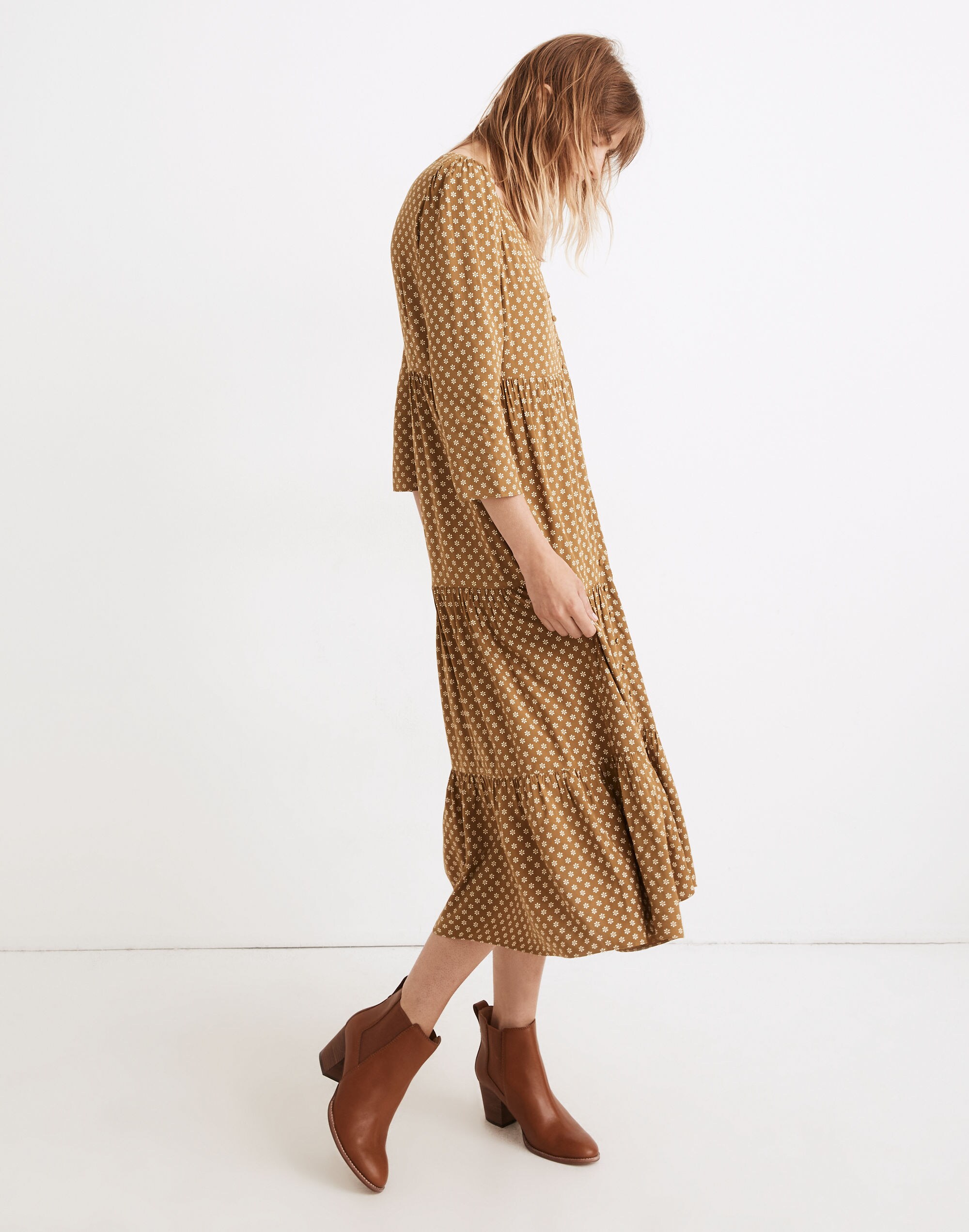 V-Neck Tiered Button-Front Midi Dress in Daisies Forever