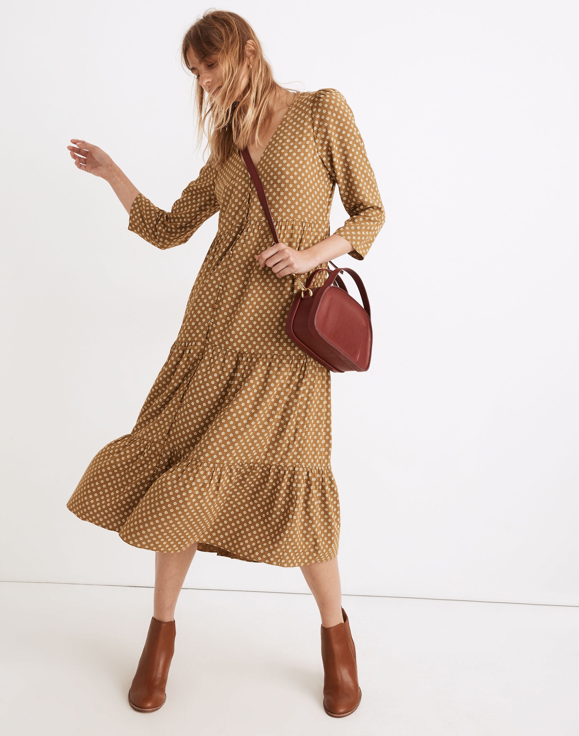 V-Neck Tiered Button-Front Midi Dress in Daisies Forever