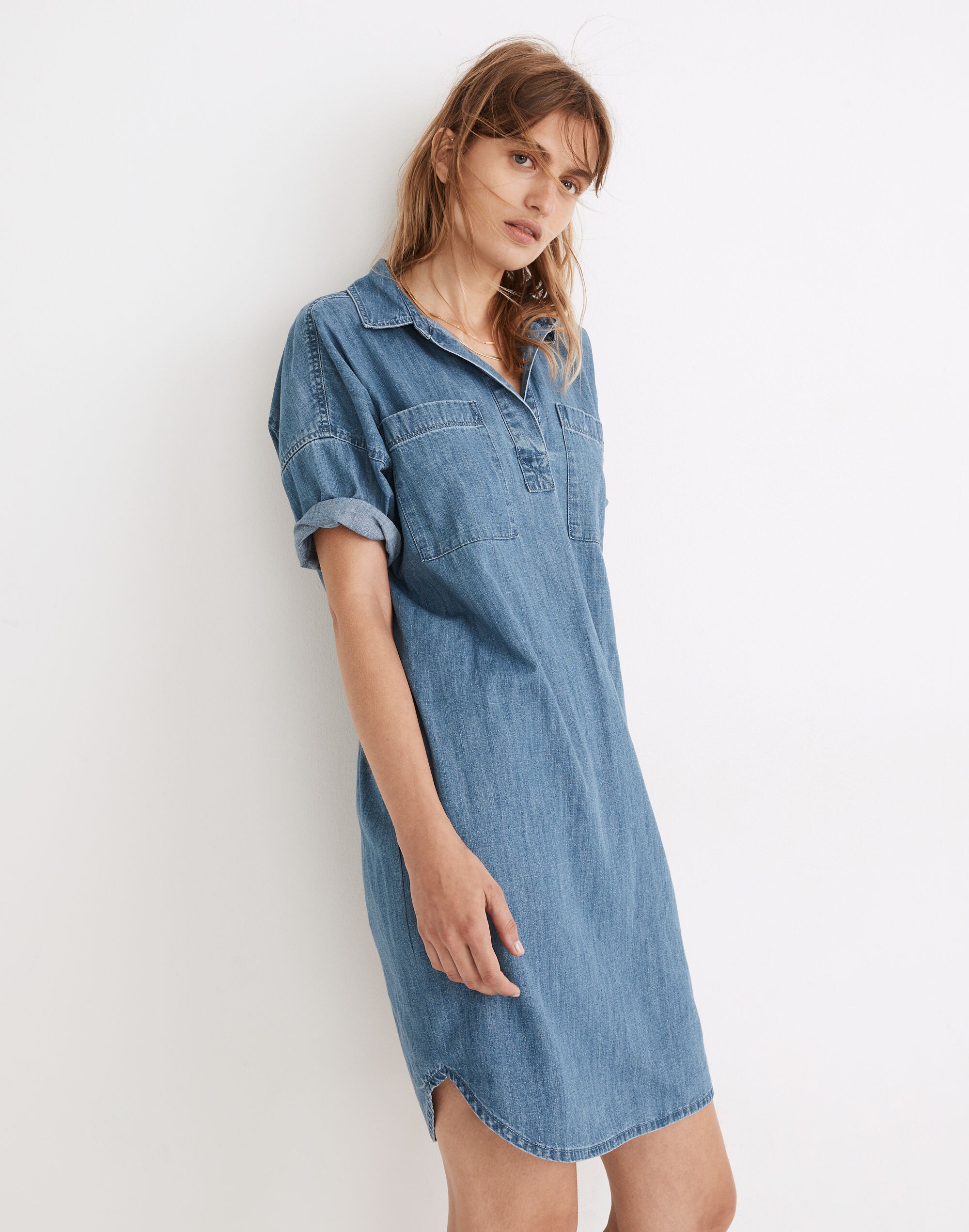 Denim Short-Sleeve Popover Shirtdress in Waltham Wash