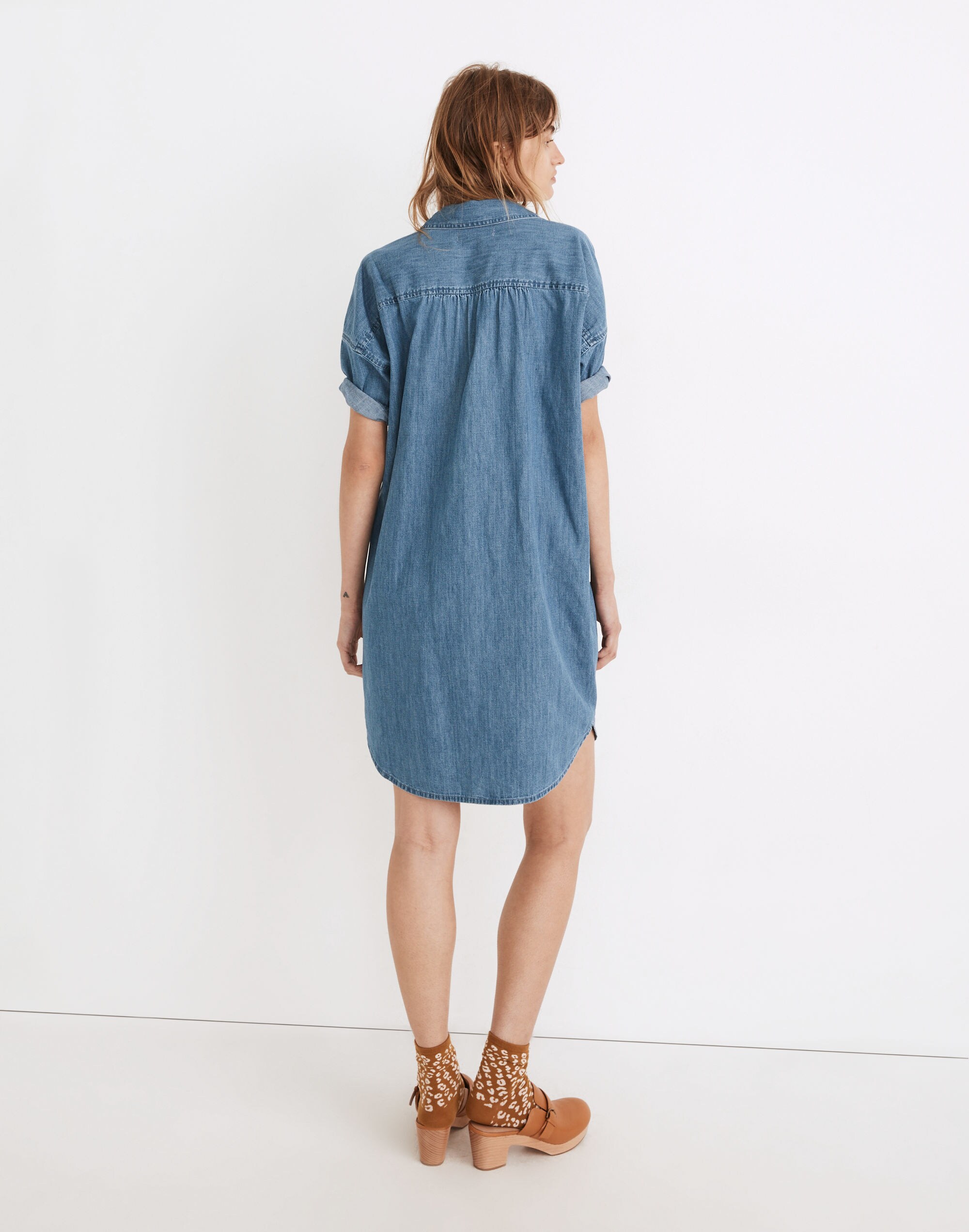Denim Short-Sleeve Popover Shirtdress in Waltham Wash