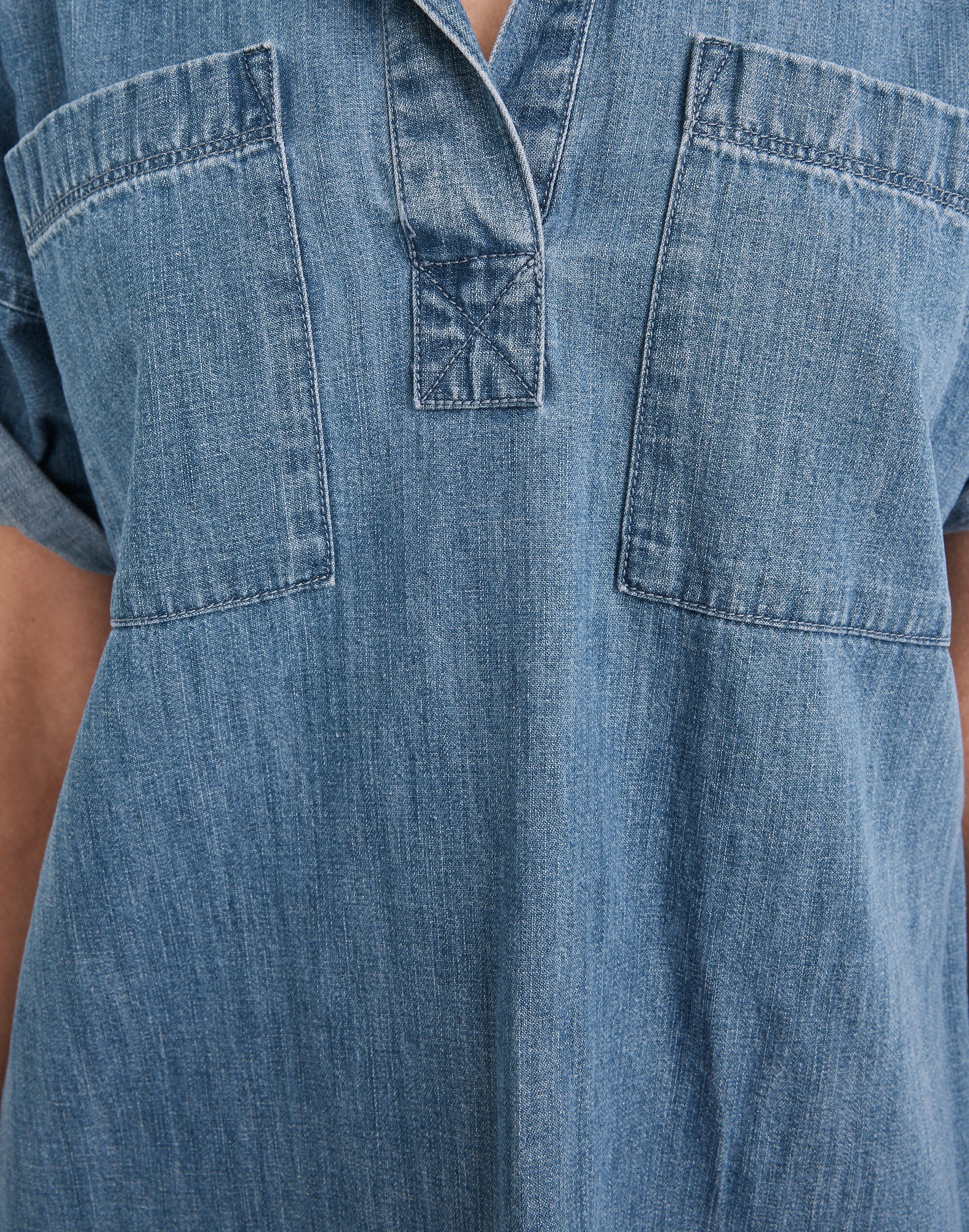 Denim Short-Sleeve Popover Shirtdress in Waltham Wash