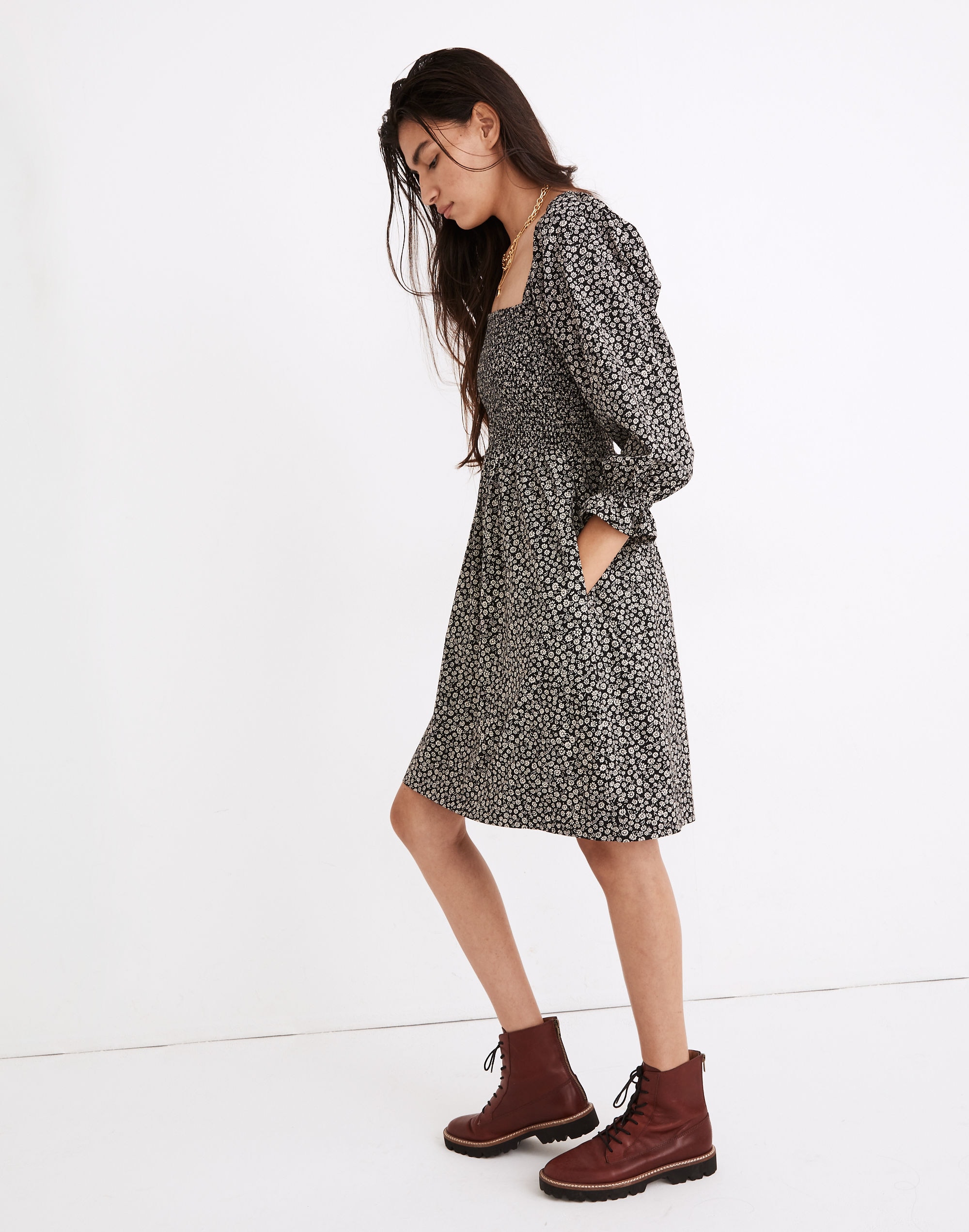 Lucie Elbow-Sleeve Smocked Mini Dress in Parisian Ditsy