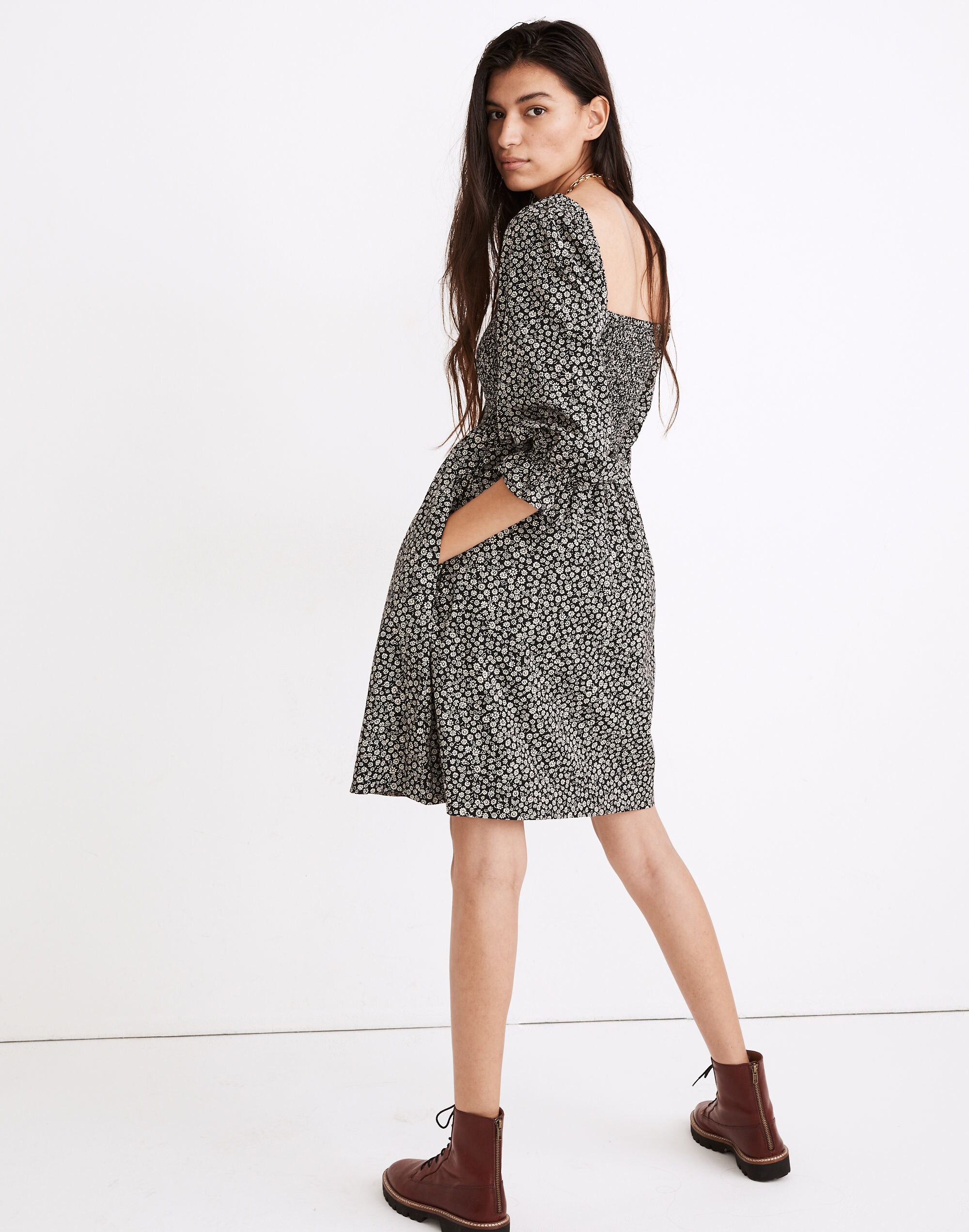 Lucie Elbow-Sleeve Smocked Mini Dress in Parisian Ditsy