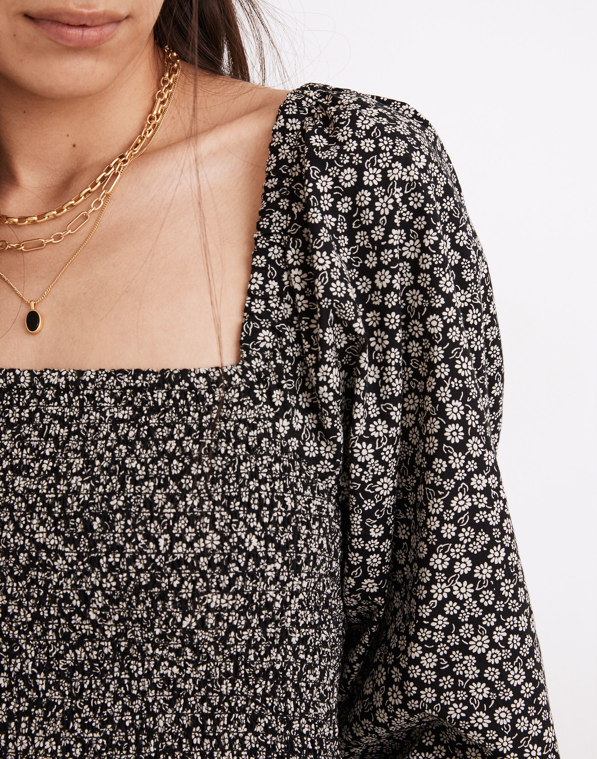 Lucie Elbow-Sleeve Smocked Mini Dress in Parisian Ditsy