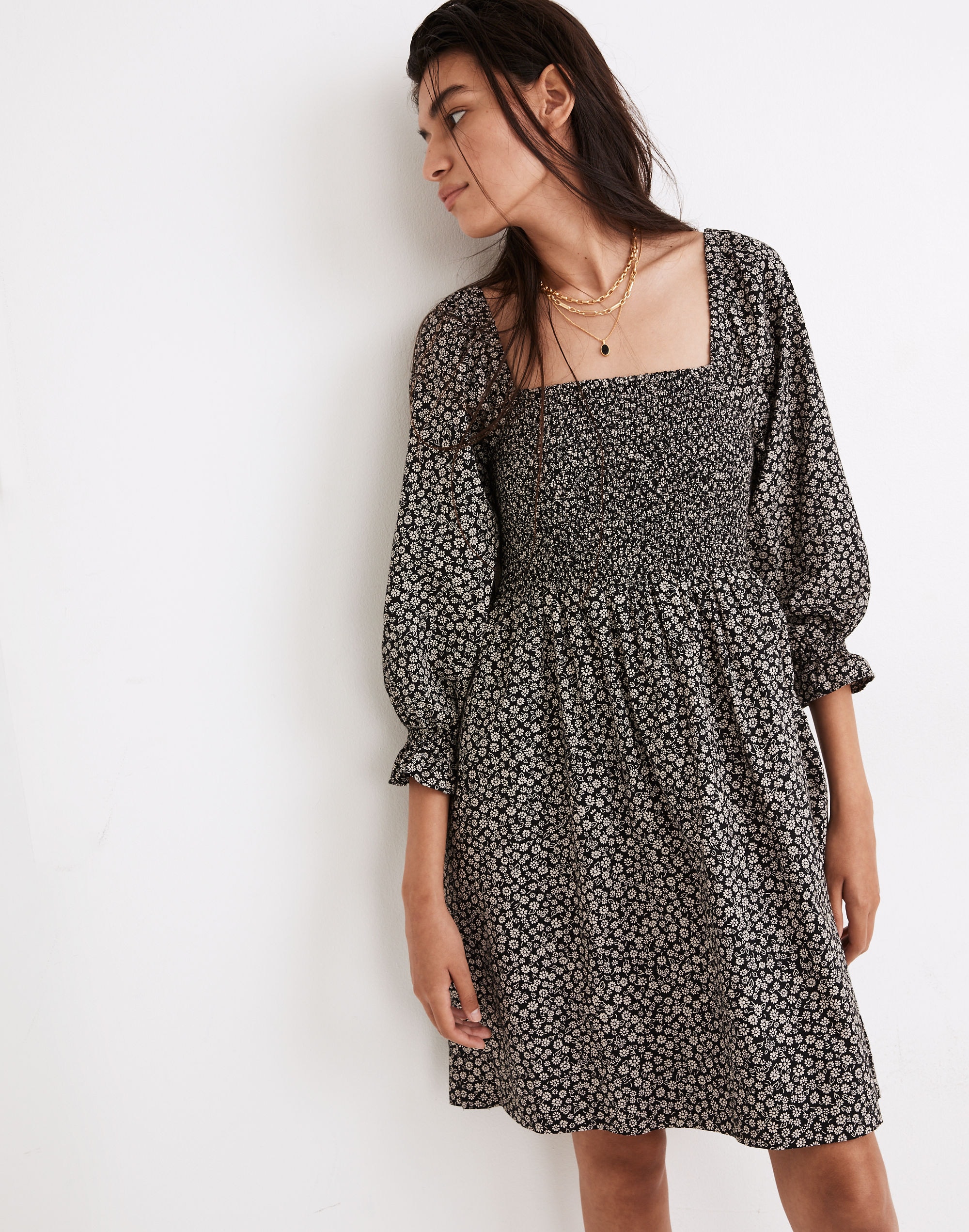 lucie elbow-sleeve smocked mini dress in parisian ditsy