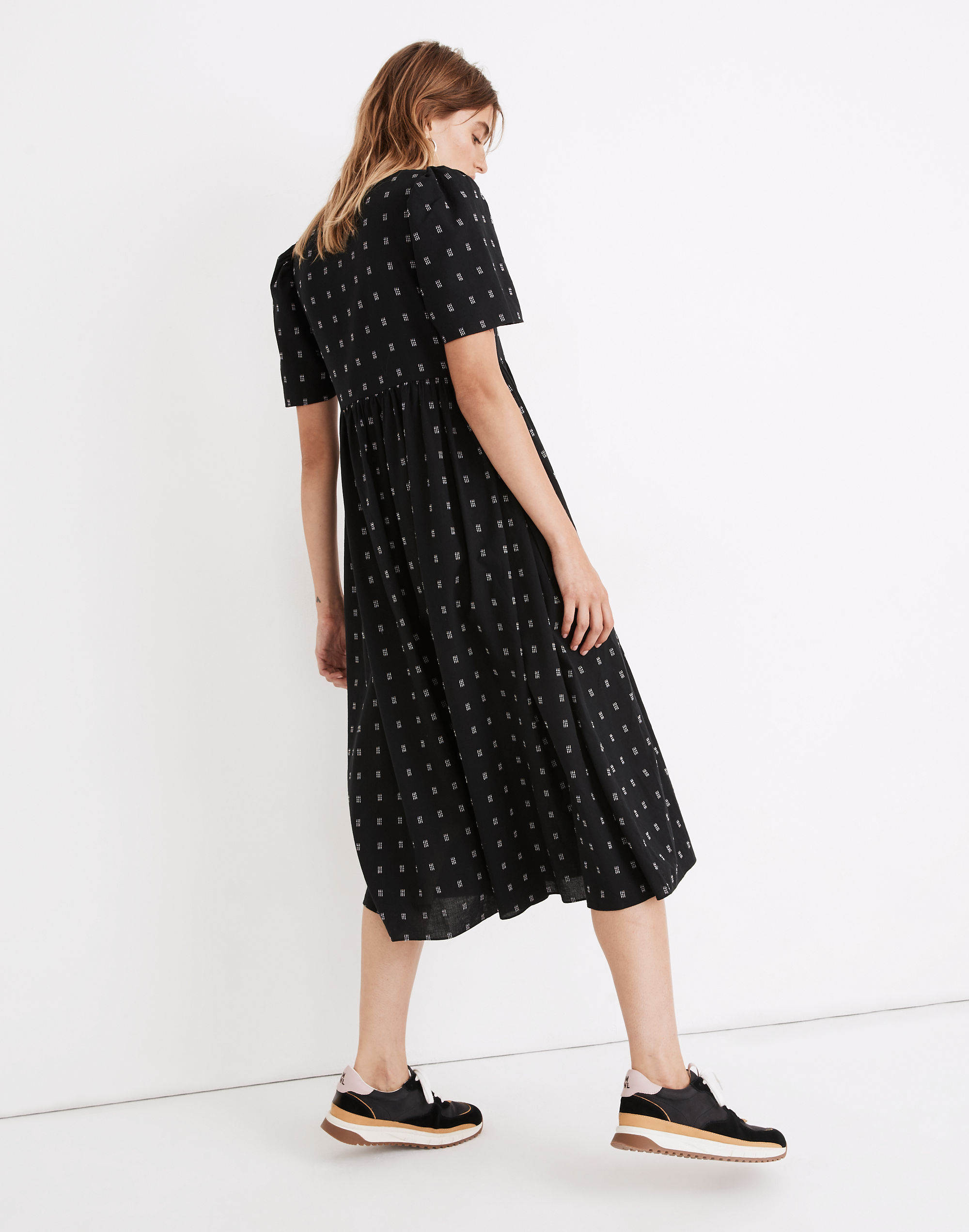 Dobby Puff-Sleeve V-Neck Midi Dress