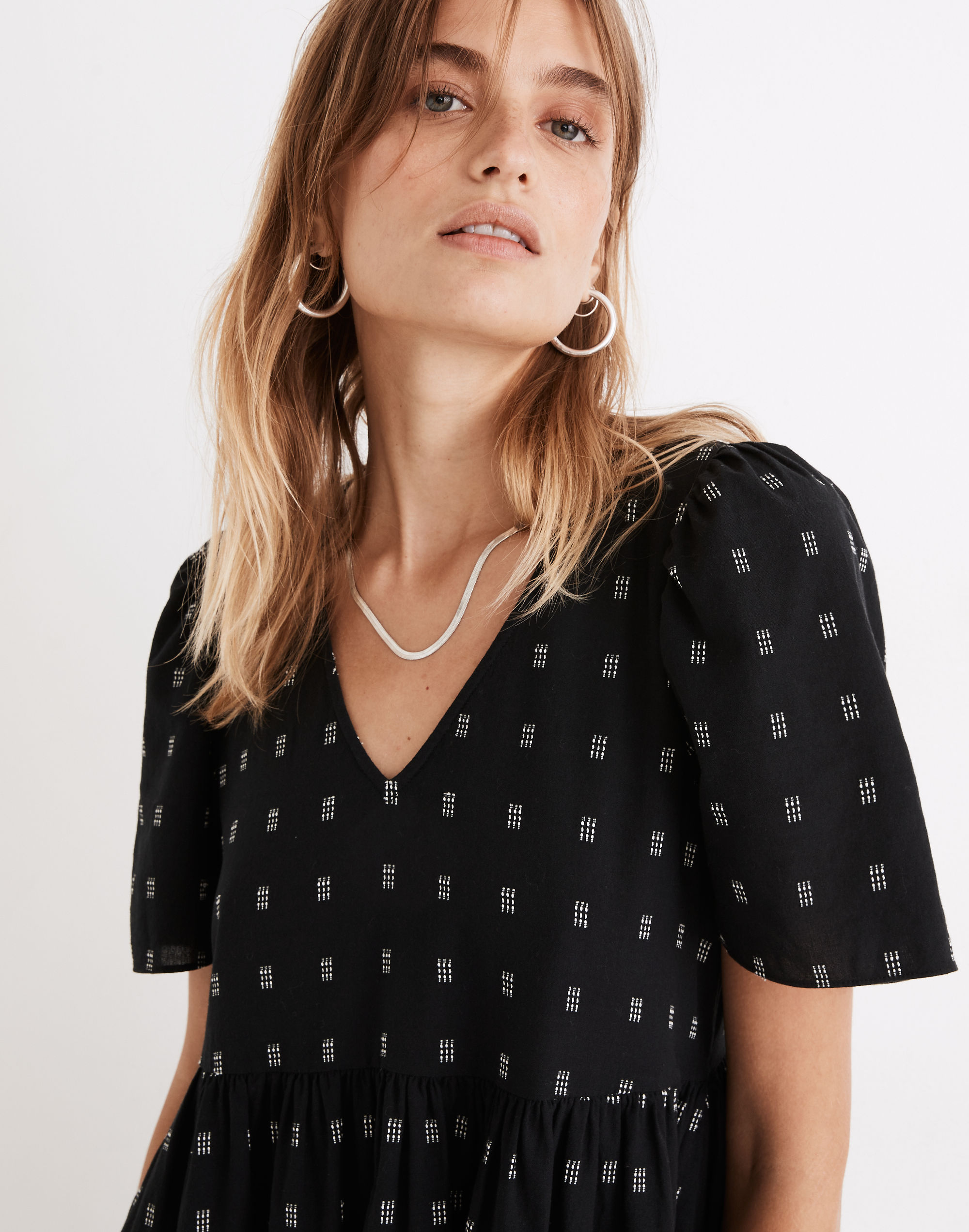 Dobby Puff-Sleeve V-Neck Midi Dress