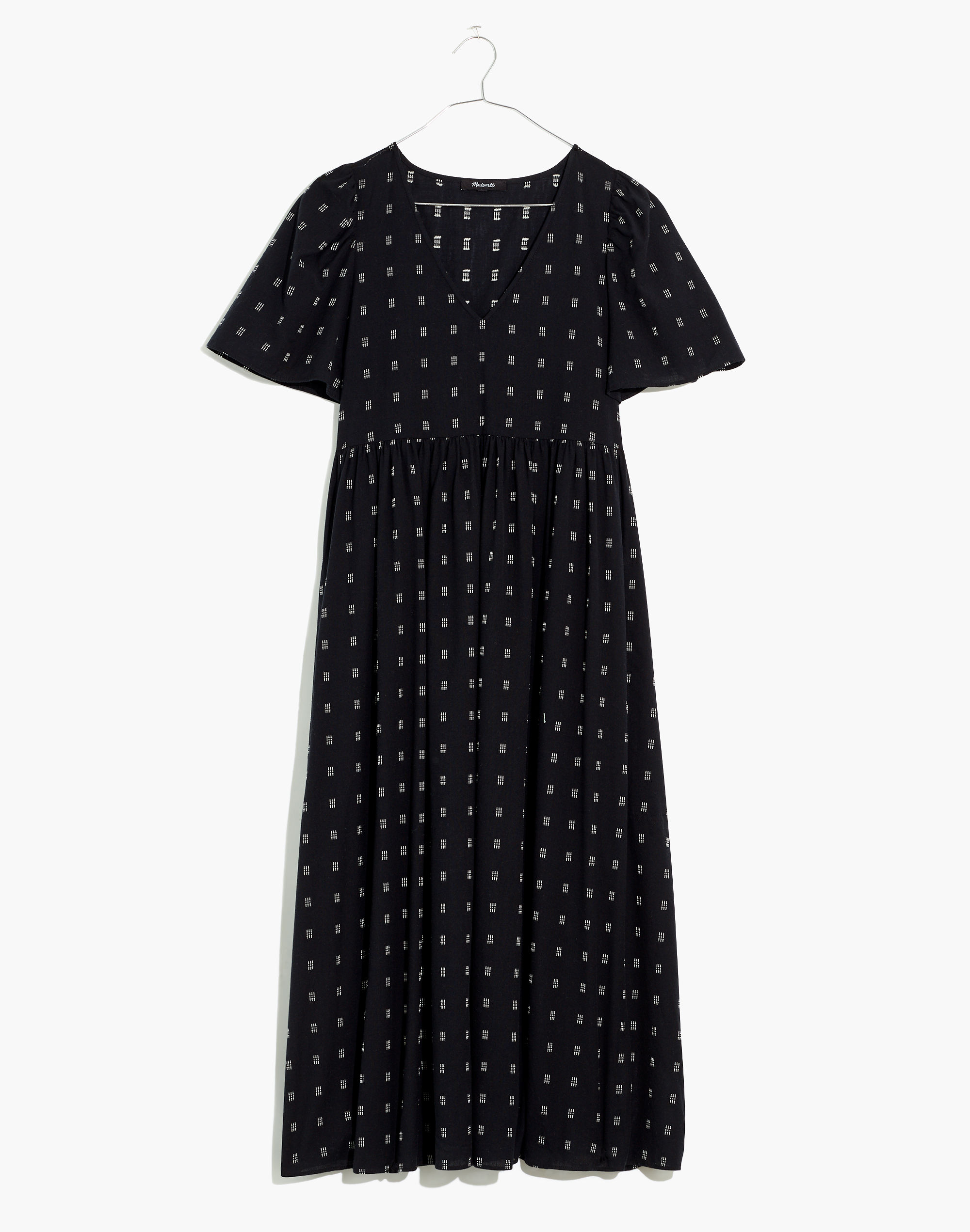 Dobby Puff-Sleeve V-Neck Midi Dress