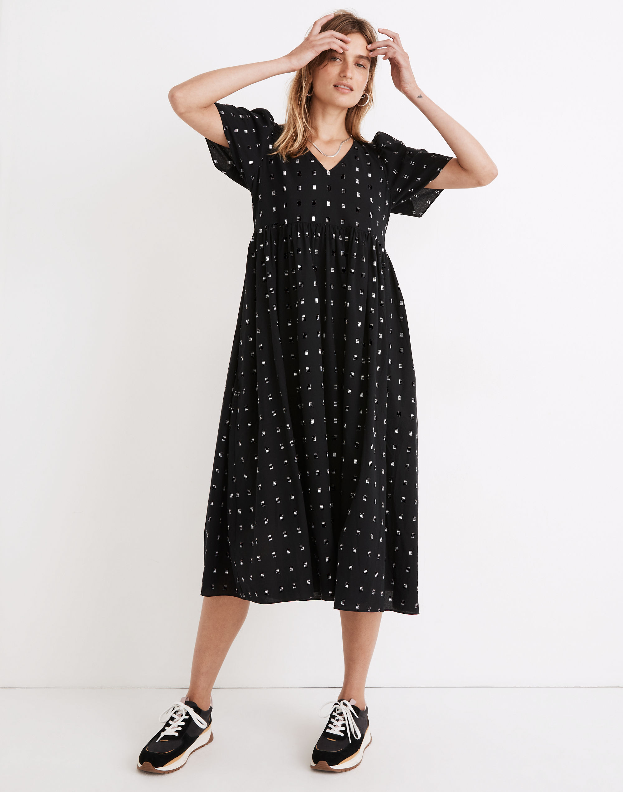 dobby puff-sleeve v-neck midi dress