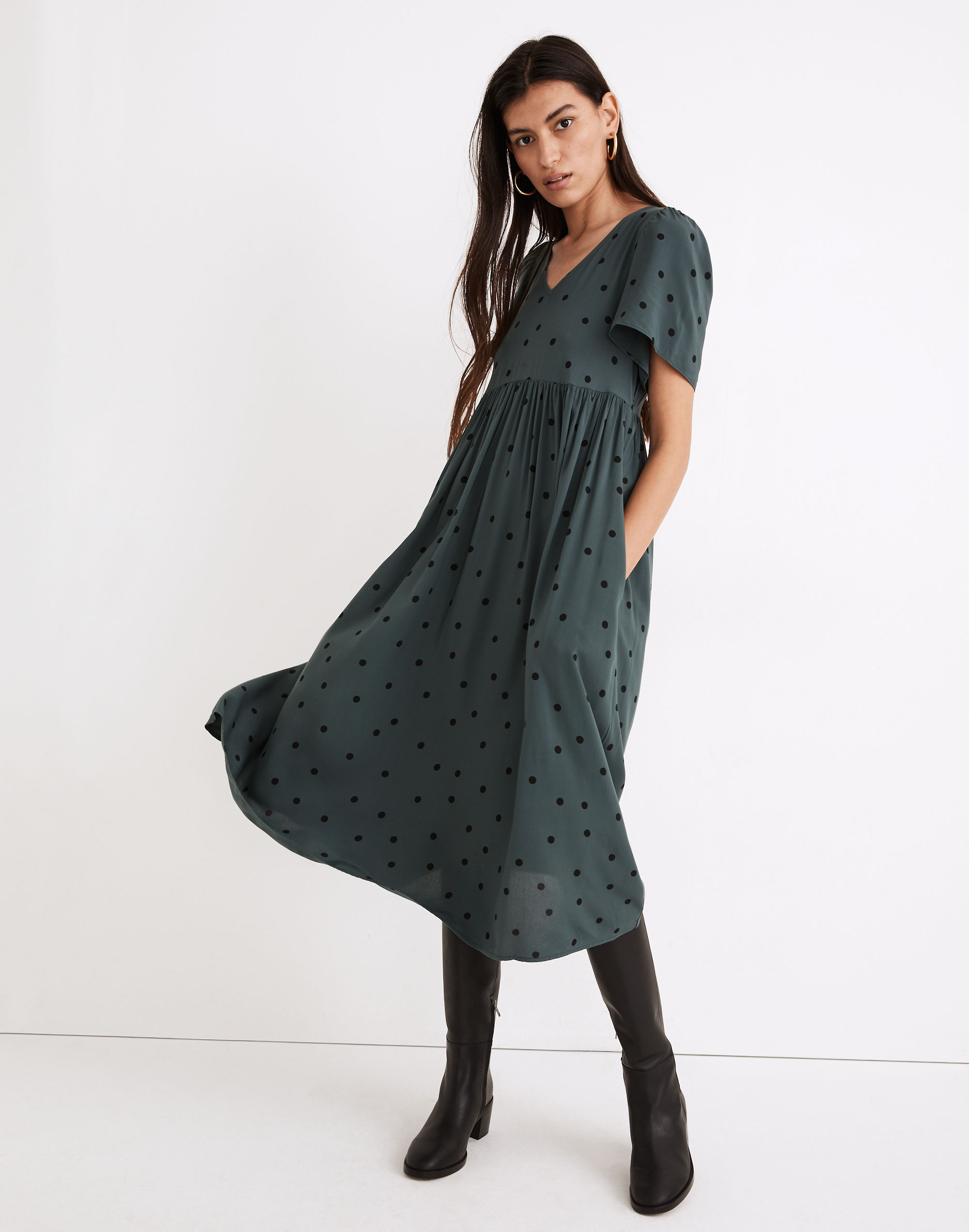 Puff-Sleeve V-Neck Midi Dress in Tossed Dot