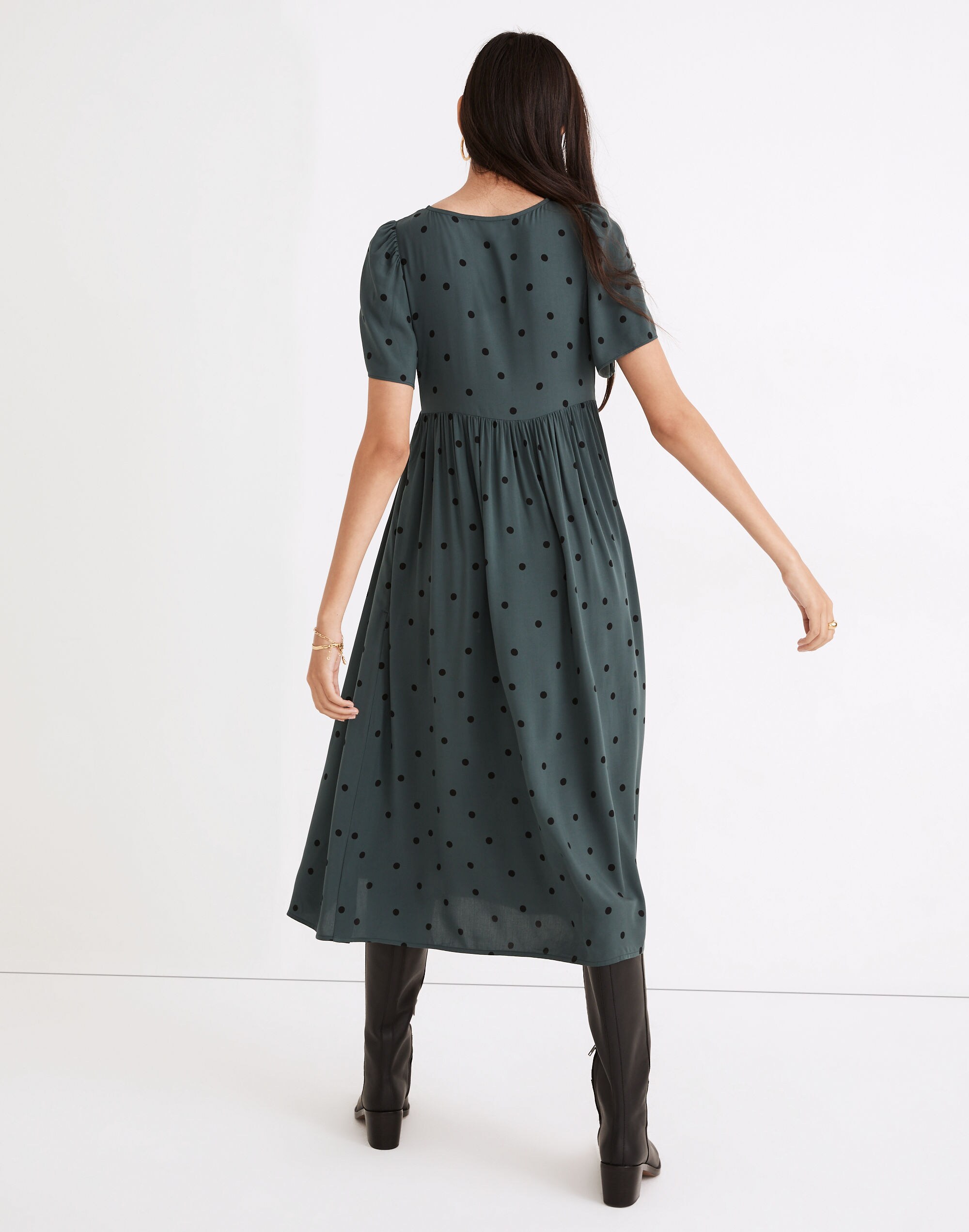 Puff-Sleeve V-Neck Midi Dress in Tossed Dot