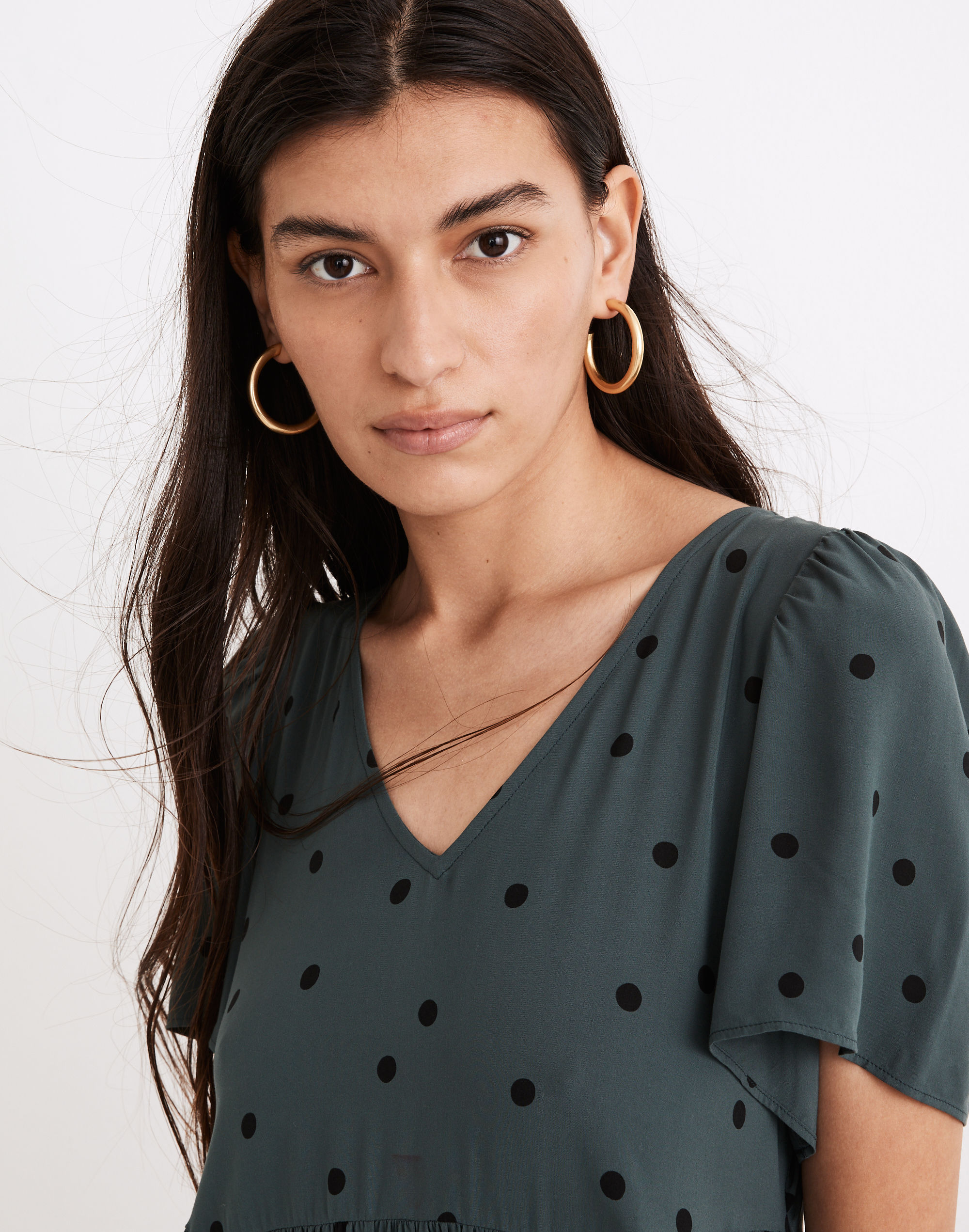 Puff-Sleeve V-Neck Midi Dress in Tossed Dot