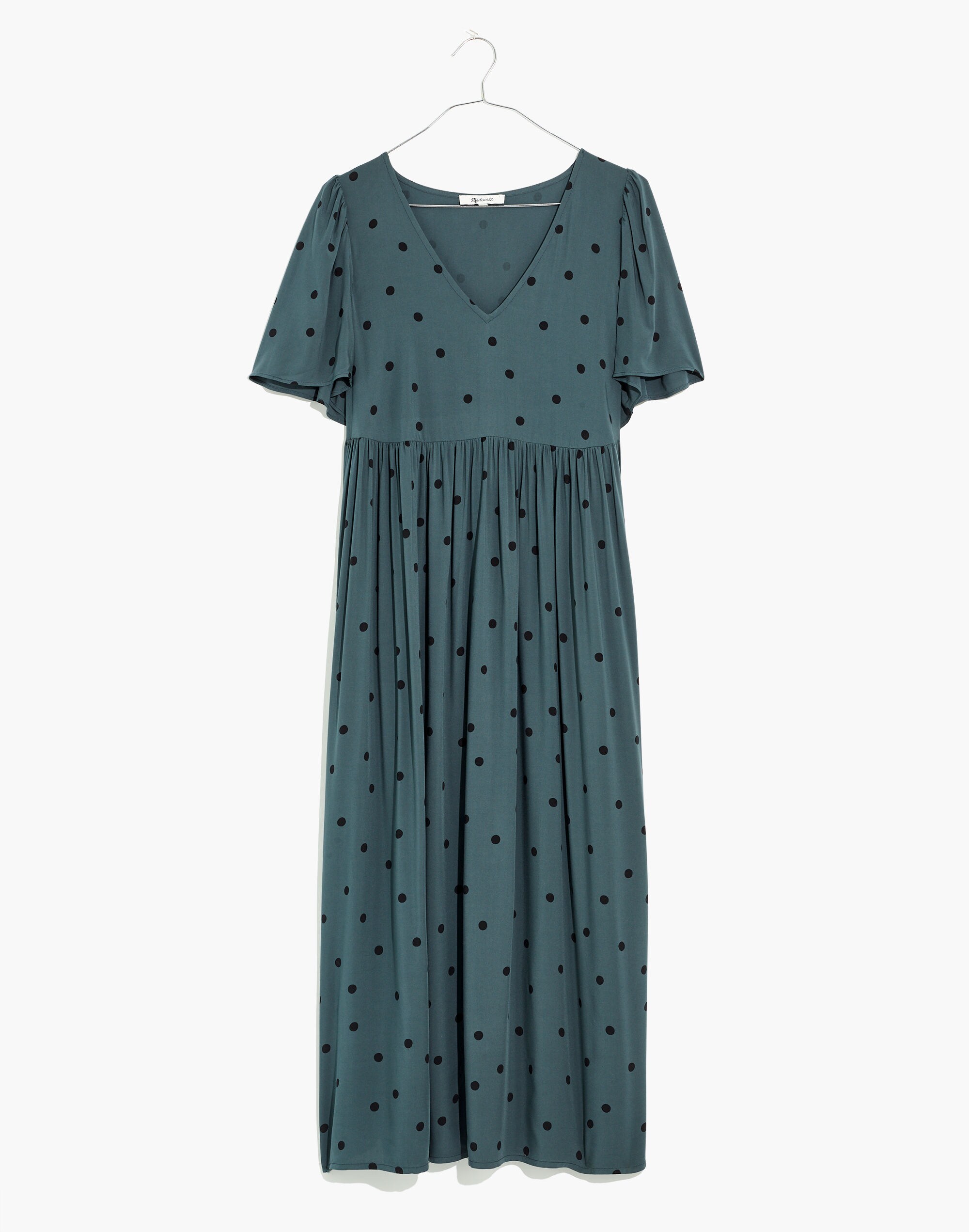 Puff-Sleeve V-Neck Midi Dress in Tossed Dot