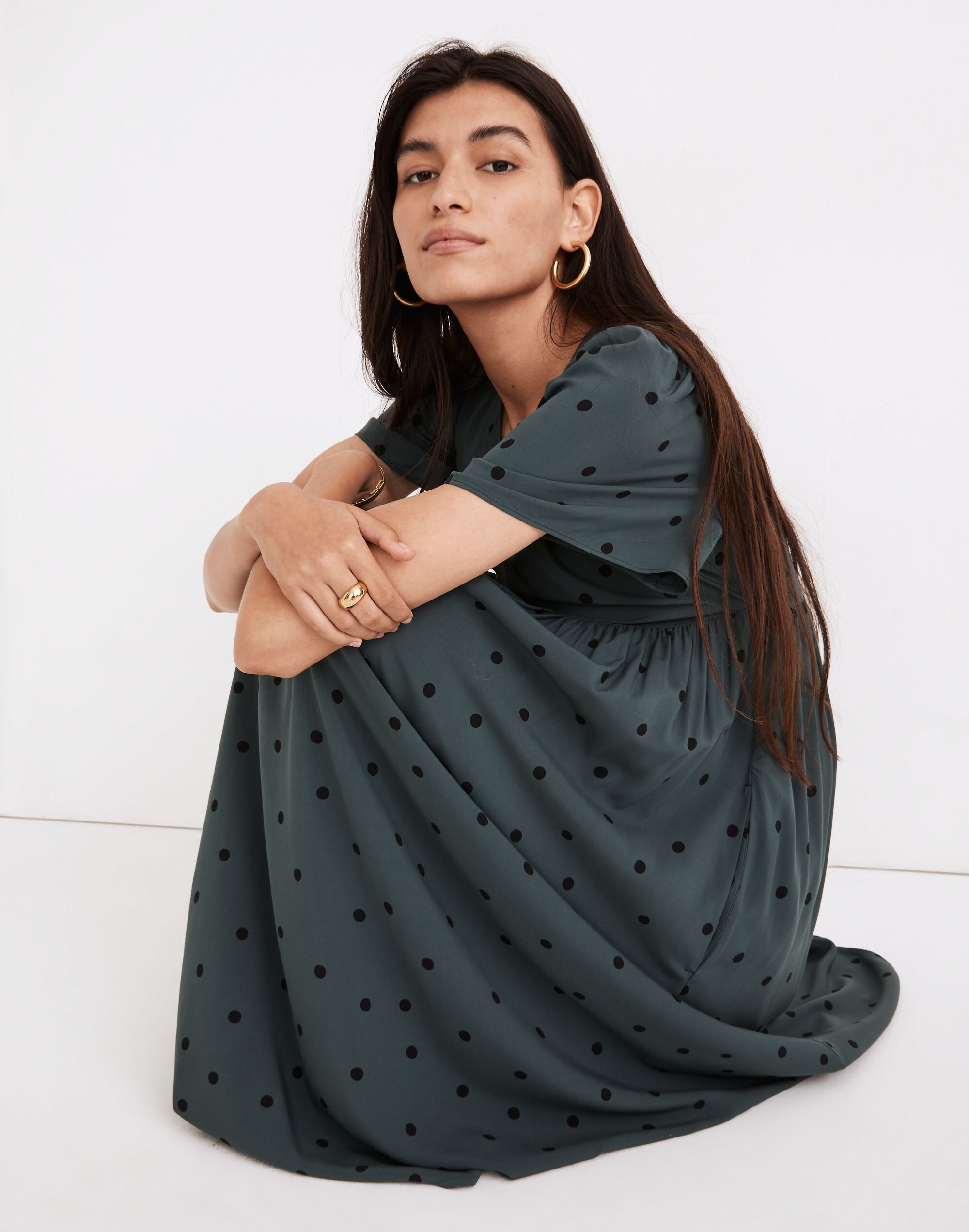 Puff-Sleeve V-Neck Midi Dress in Tossed Dot