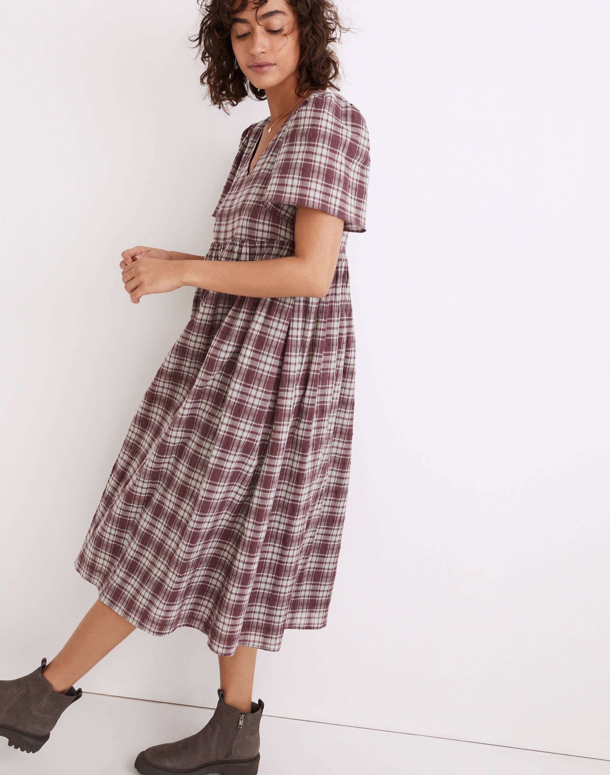 V-Neck Puff-Sleeve Midi Dress in Croftwood Plaid