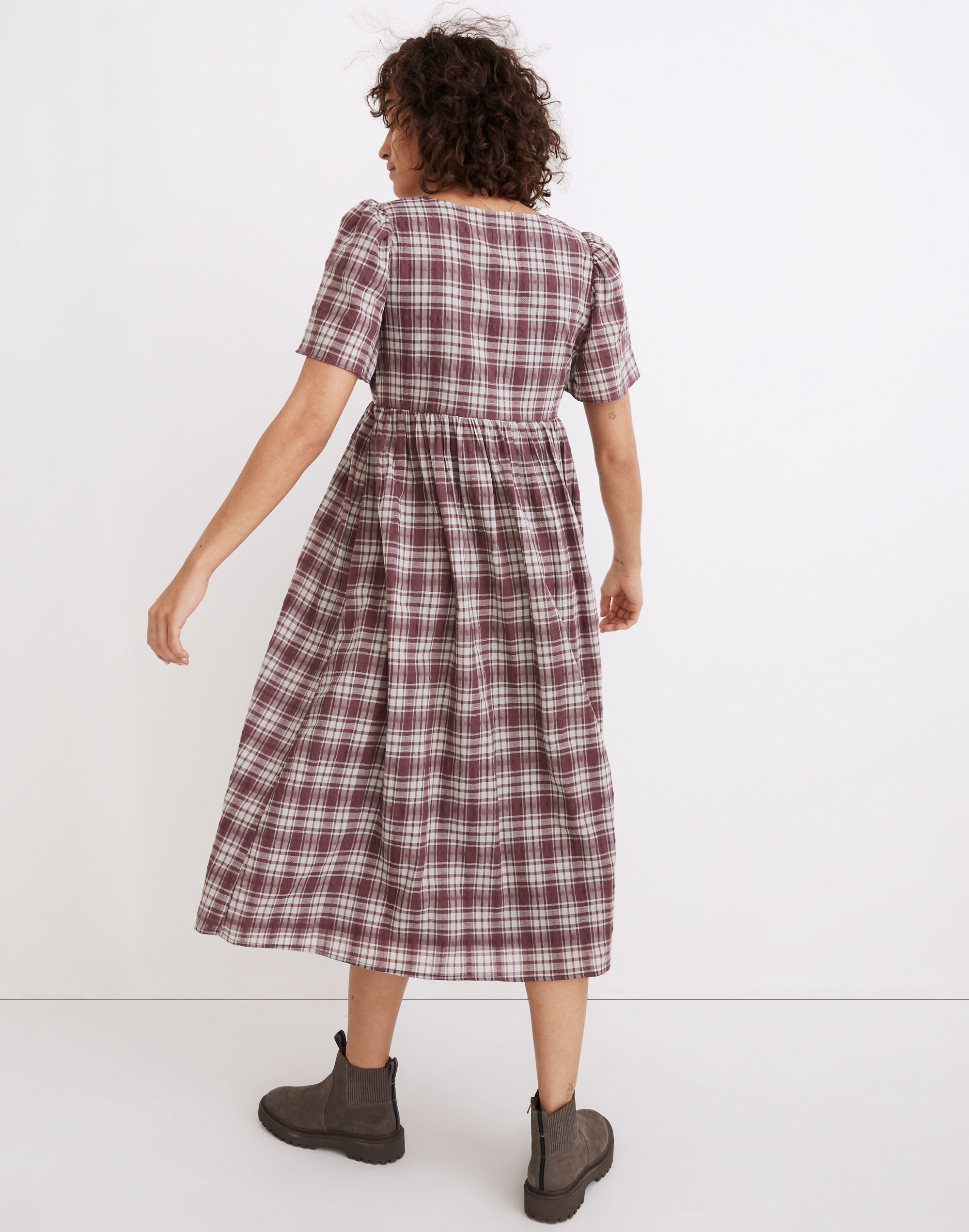 V-Neck Puff-Sleeve Midi Dress in Croftwood Plaid