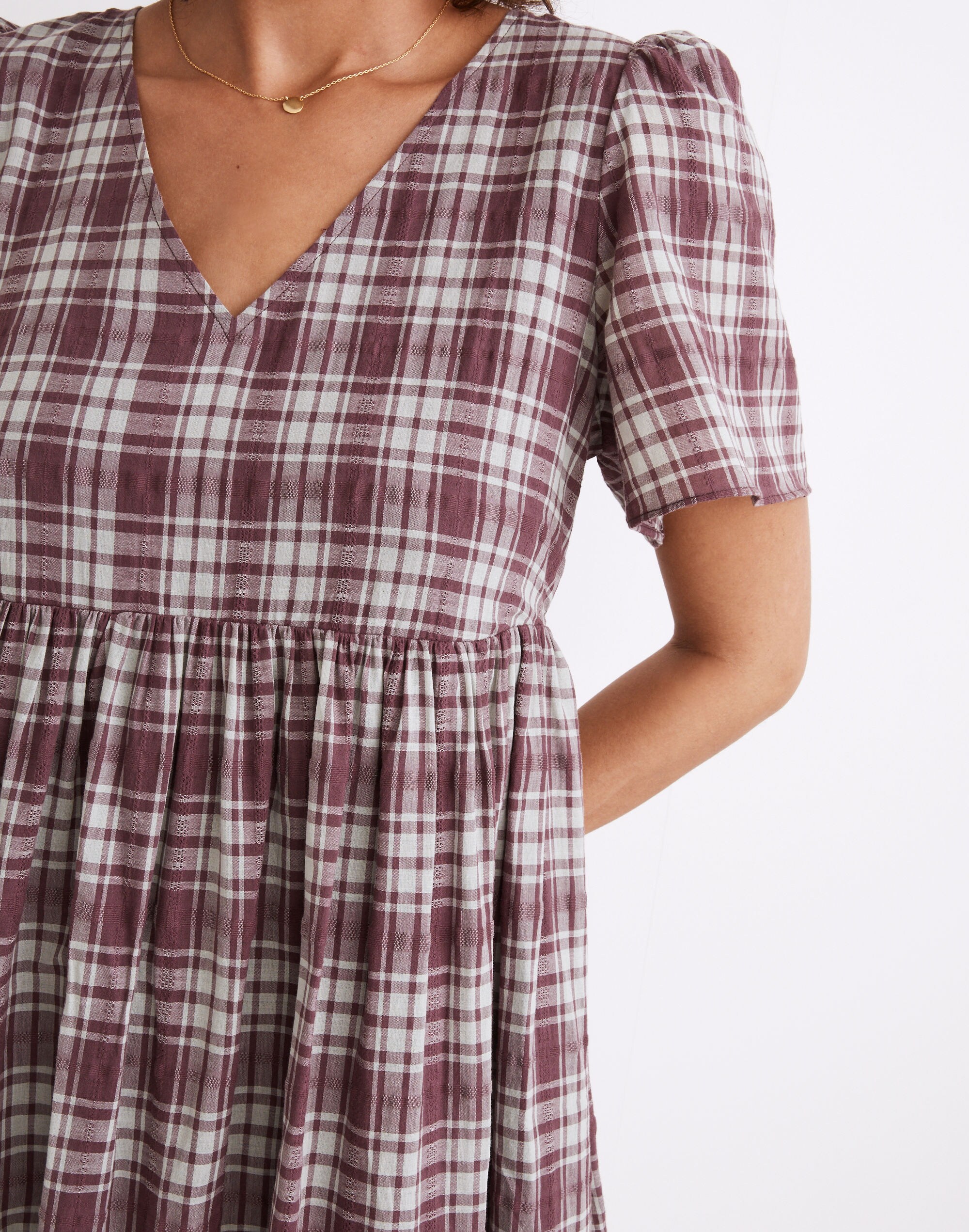 V-Neck Puff-Sleeve Midi Dress in Croftwood Plaid