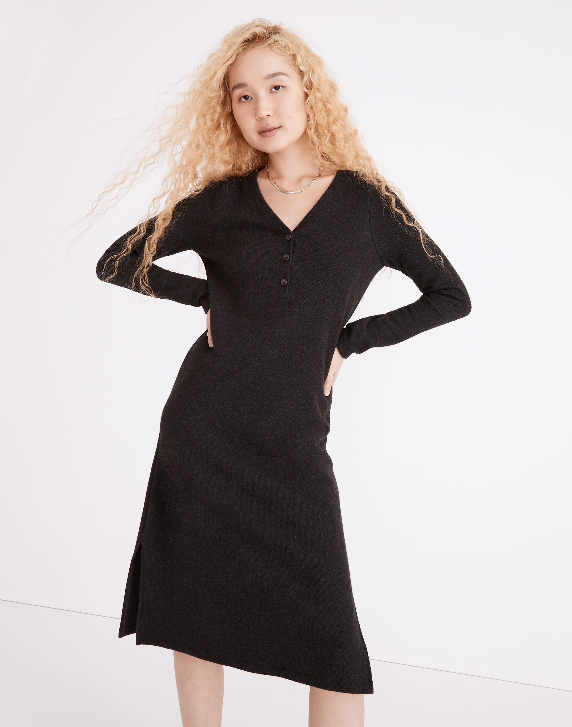 long-sleeve henley midi dress