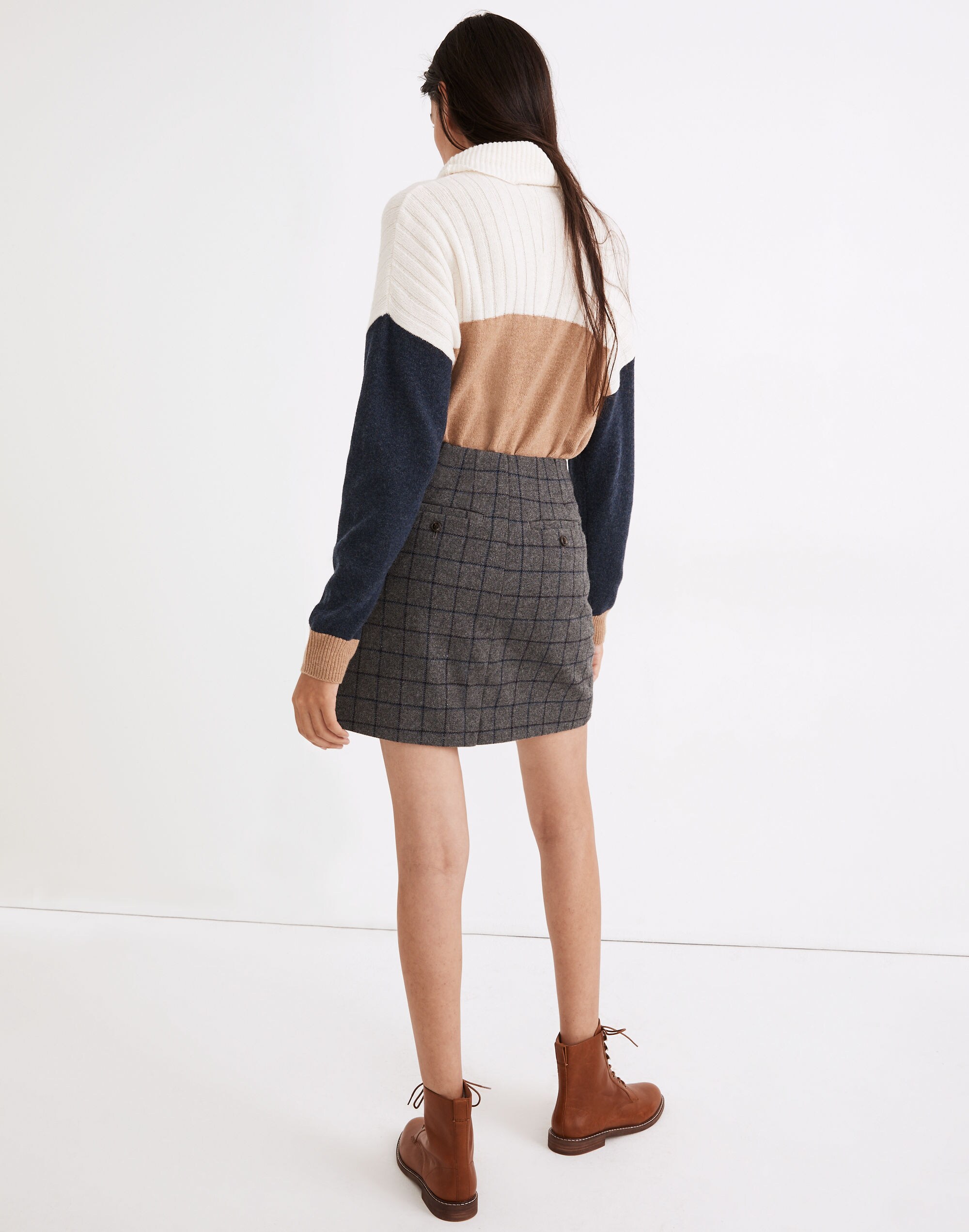 Wool Button-Front Mini Skirt in Windowpane