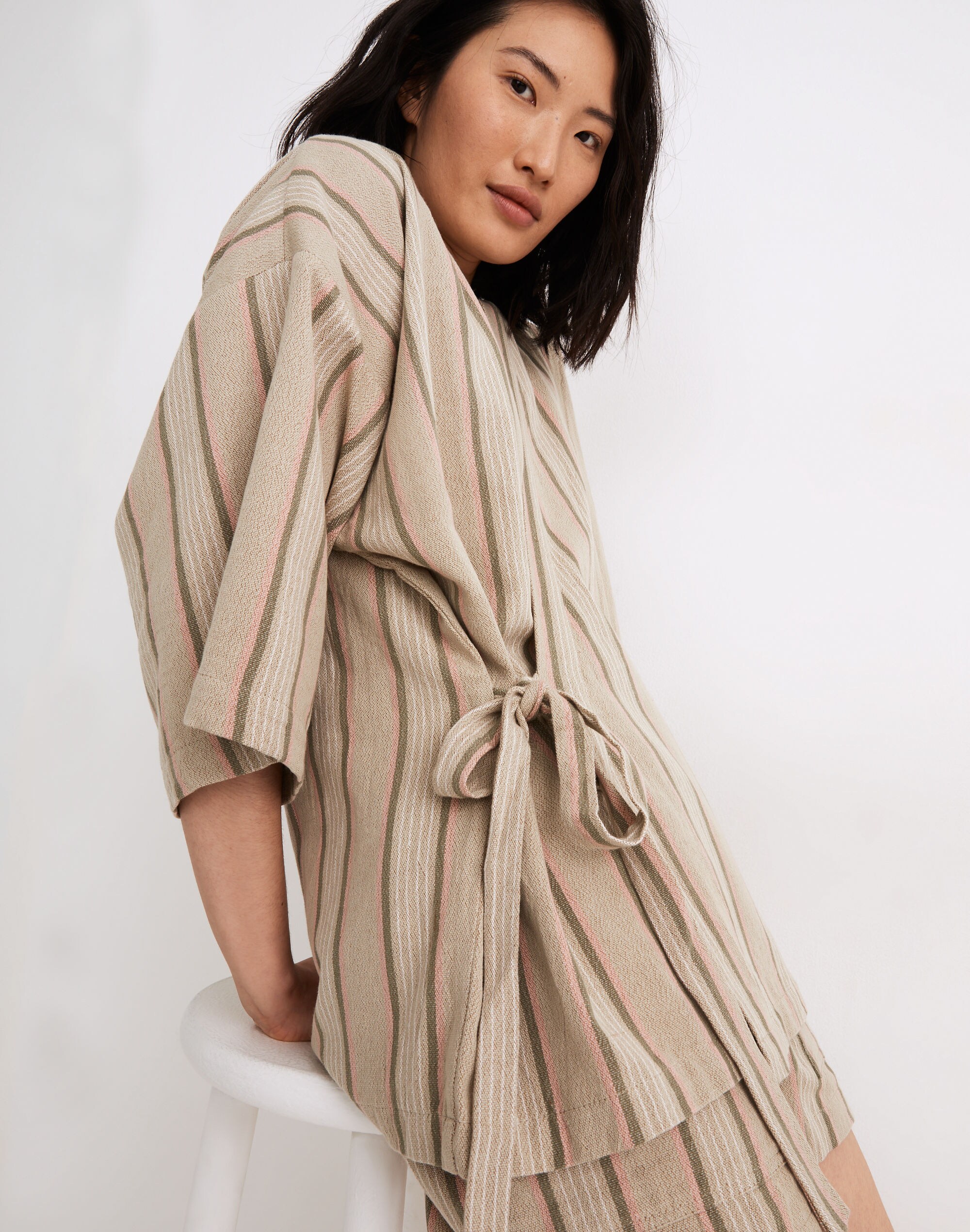 Madewell x Oddbird Striped Linen-Cotton Lounge Wrap Top
