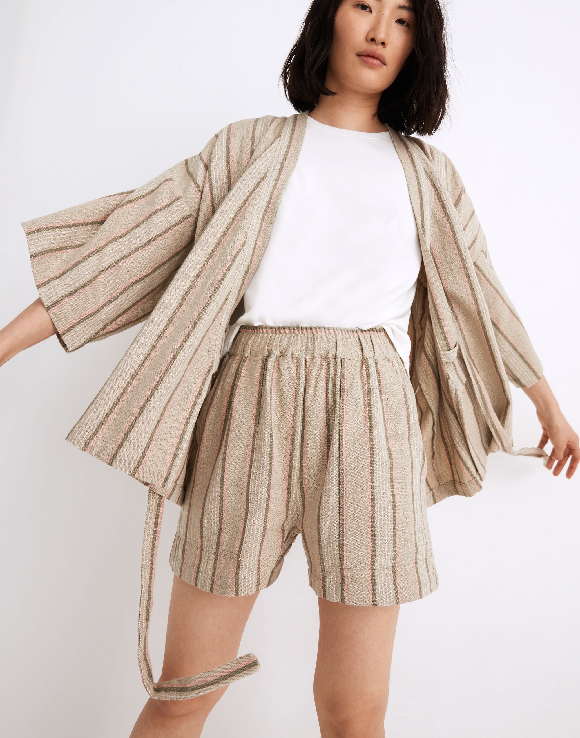 madewell x oddbird striped linen-cotton lounge pull-on shorts