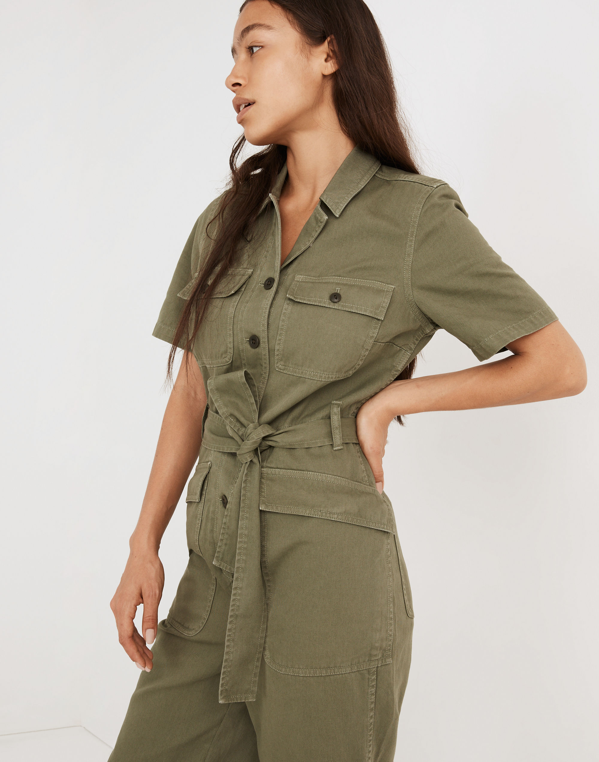 Curvy Tie-Waist Military Jumpsuit
