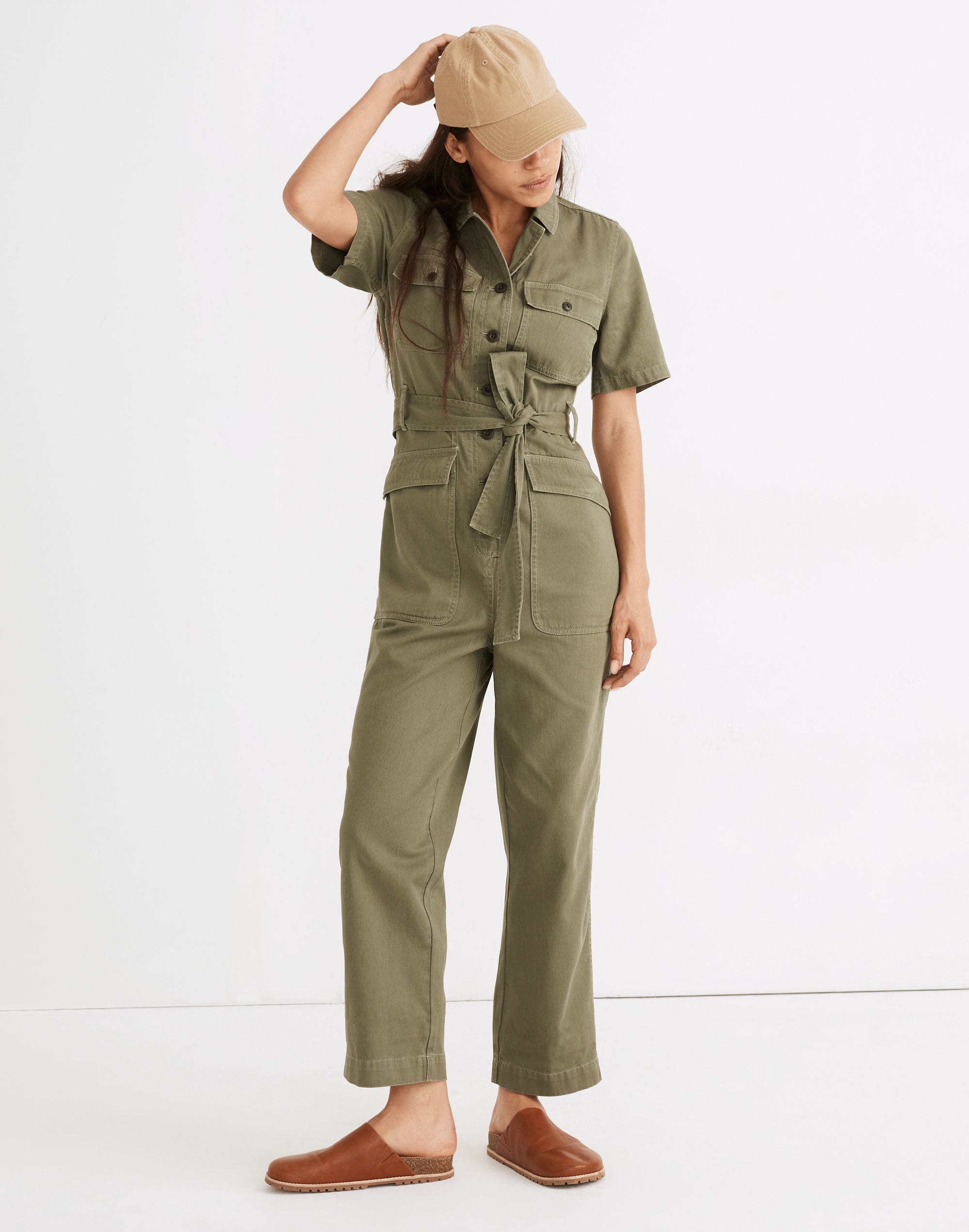 curvy tie-waist military jumpsuit