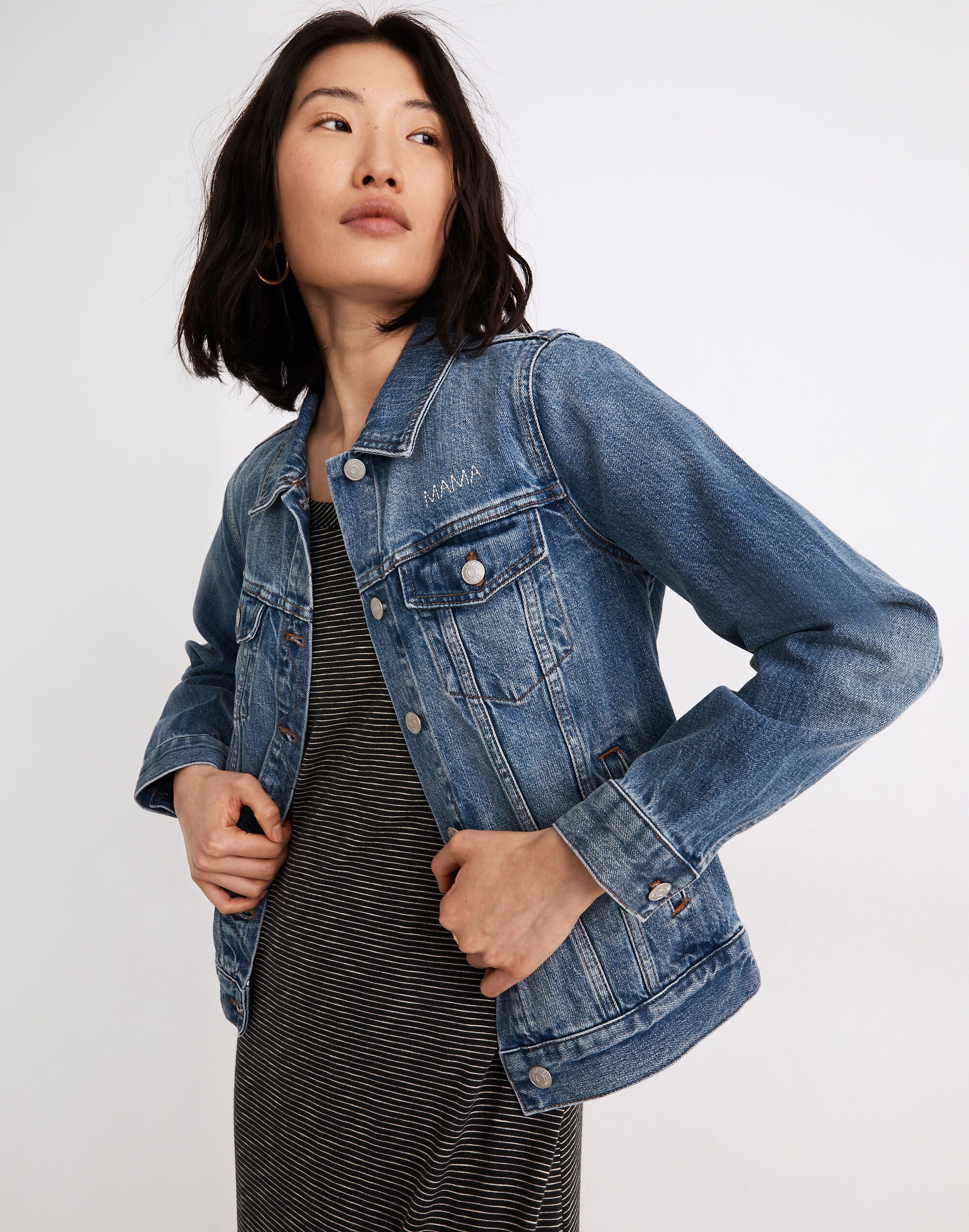 Mama Embroidered Jean Jacket in Medford Wash