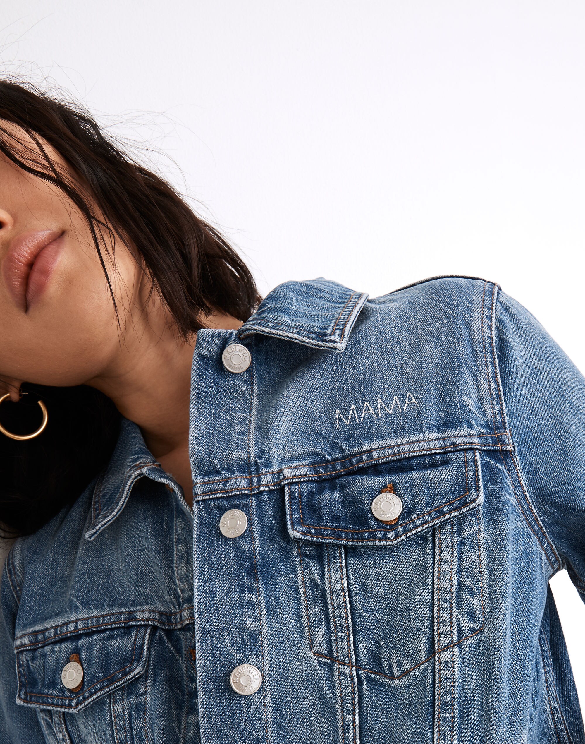 Mama Embroidered Jean Jacket in Medford Wash