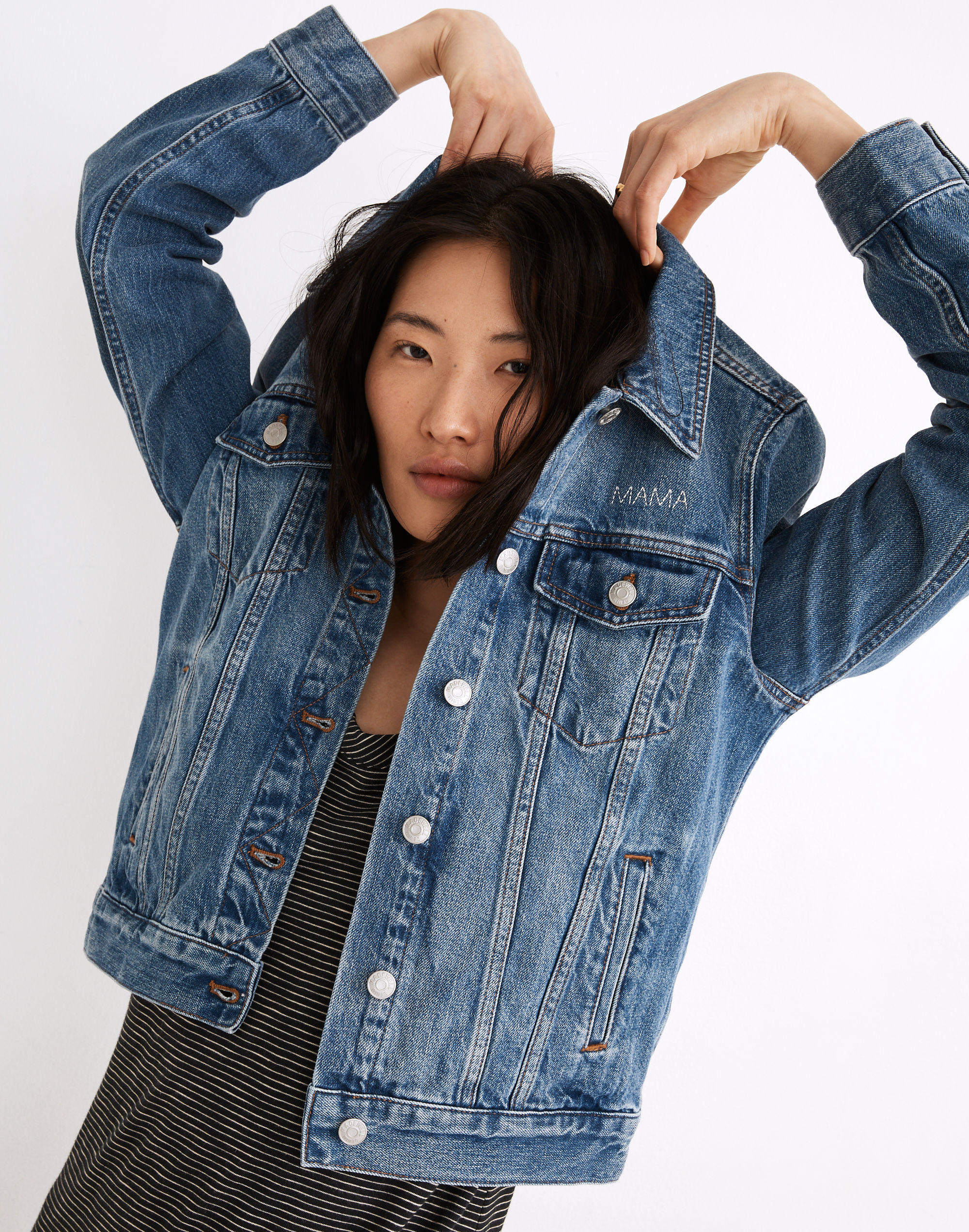 Mama Embroidered Jean Jacket in Medford Wash