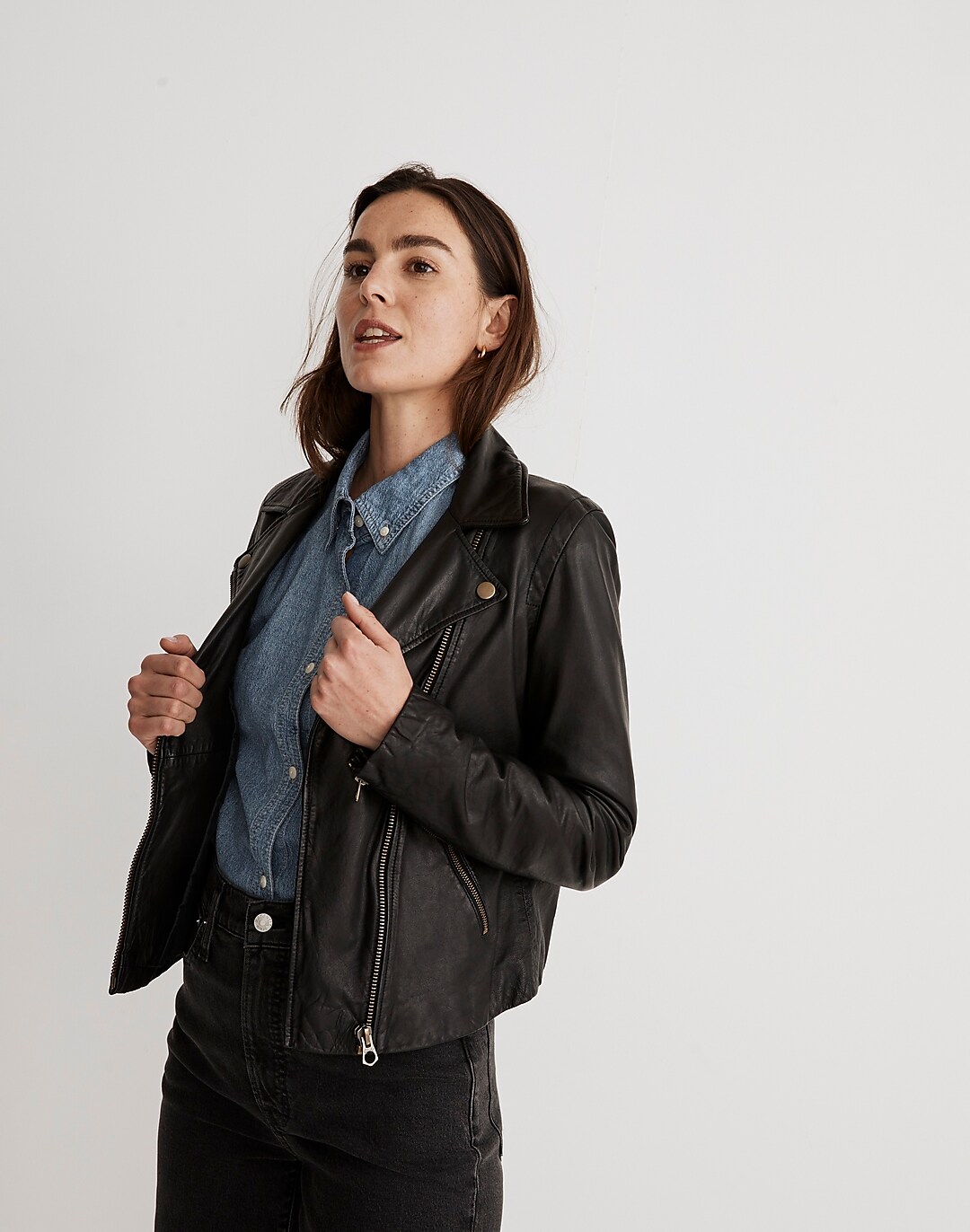 Madewell Women's Washed Leather Motorcycle Jacket: Brass Hardware Edition in True Black - Size Xxs
