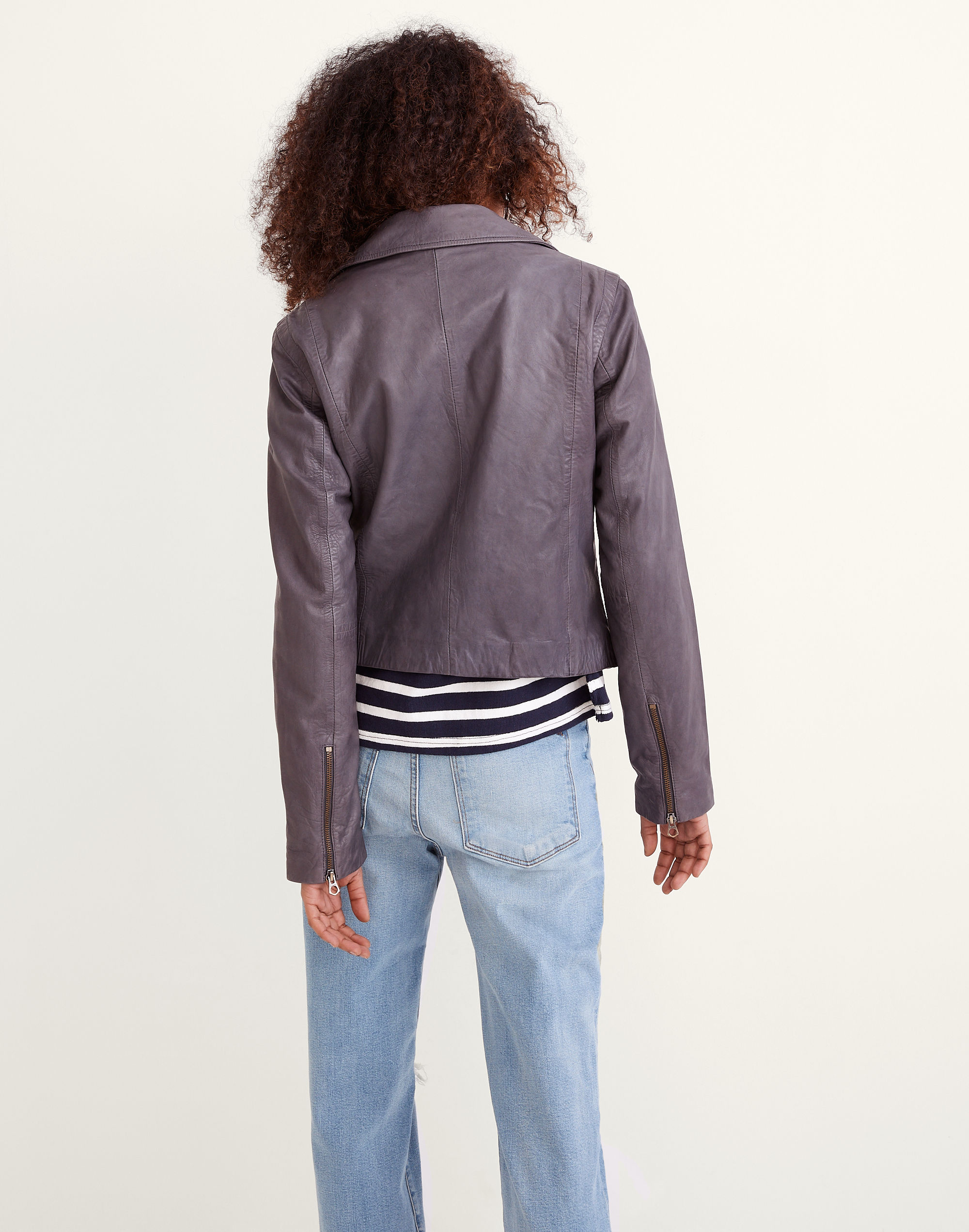 Washed Leather Motorcycle Jacket: Brass Hardware Edition in sunfaded indigo image 3