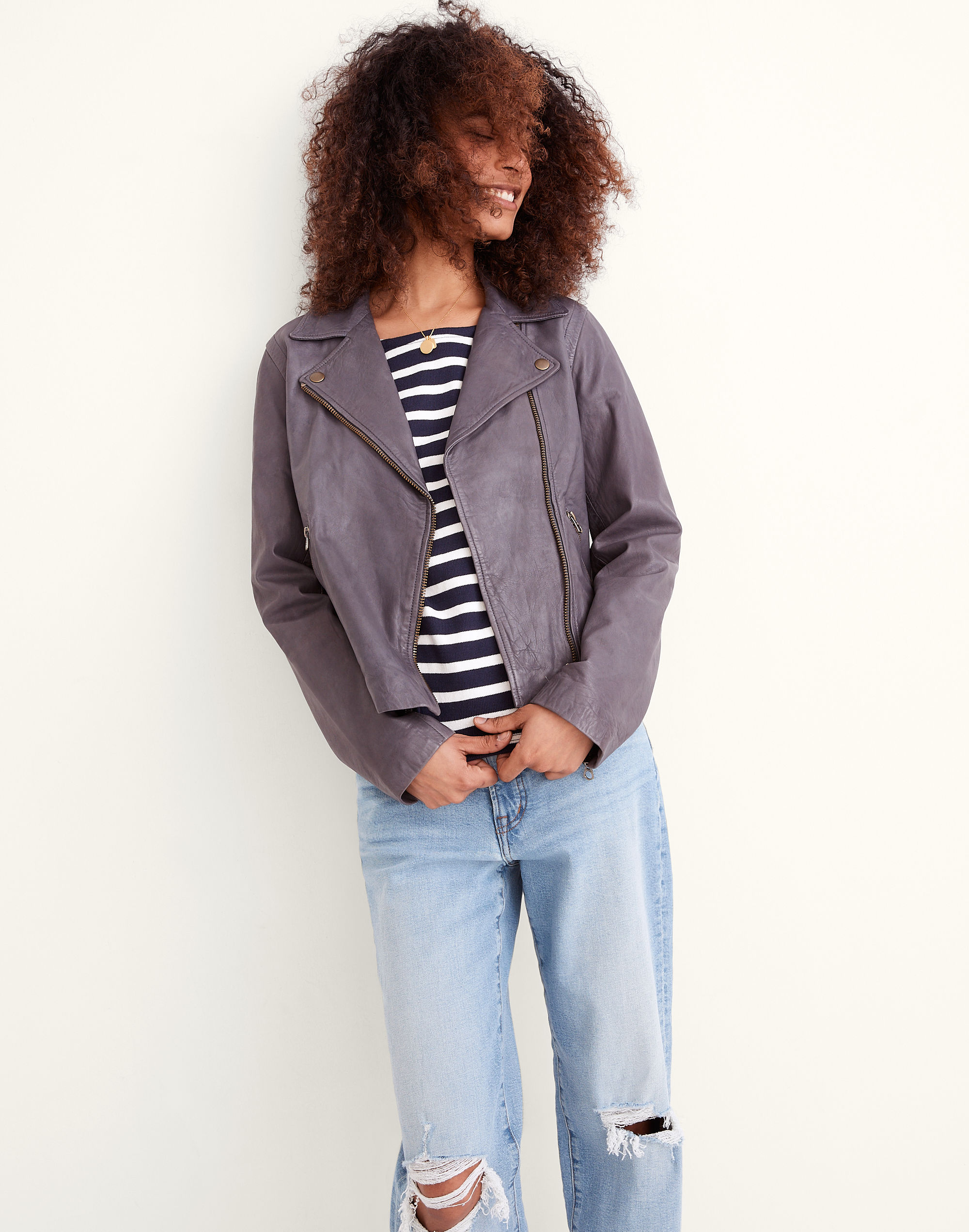 Washed Leather Motorcycle Jacket: Brass Hardware Edition in sunfaded indigo image 1