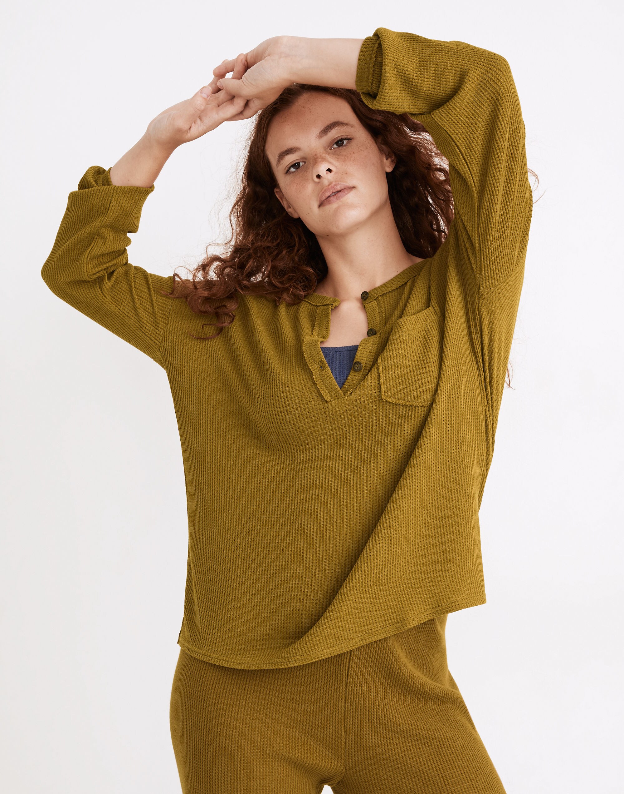 Waffle Knit Henley Pajama Top