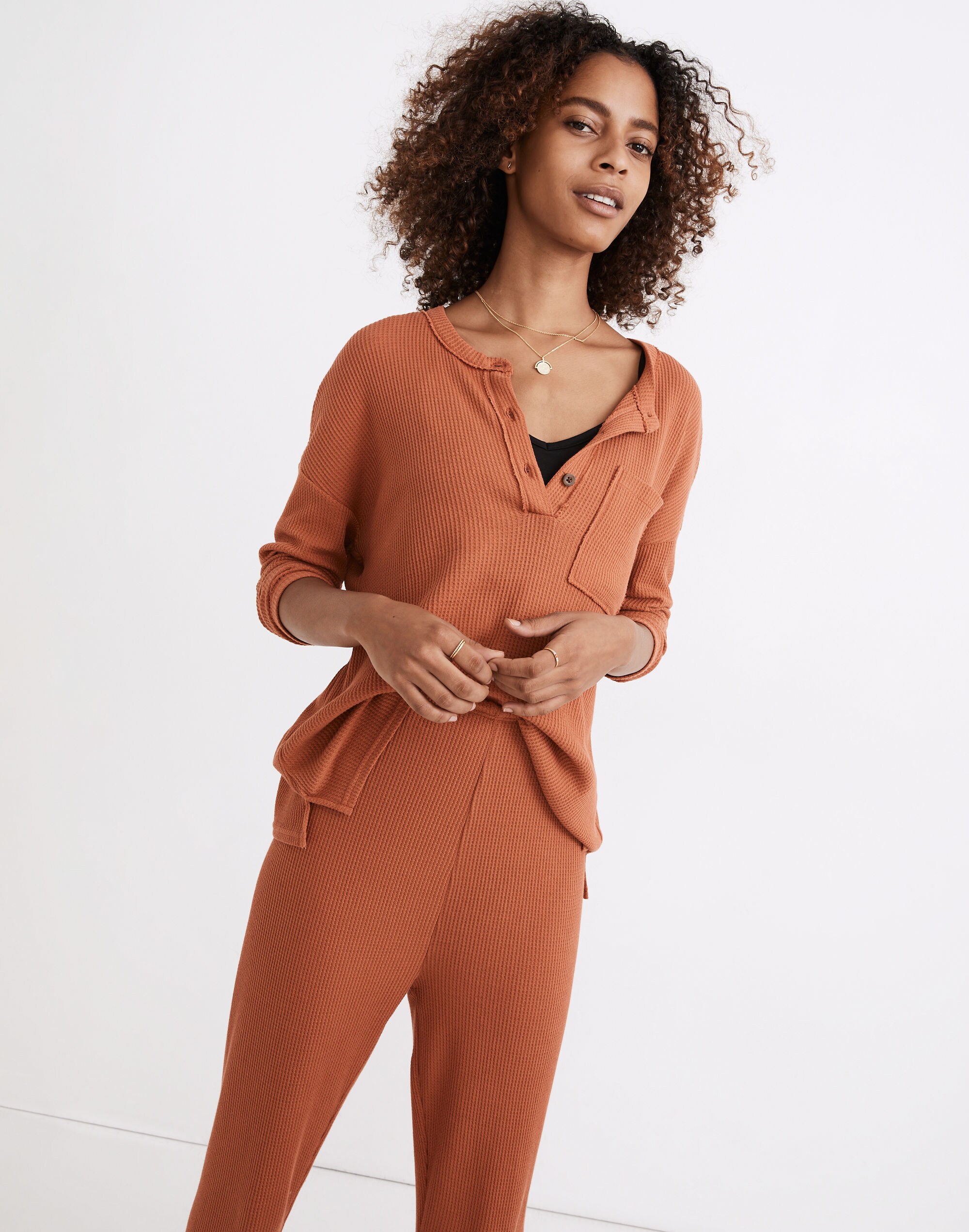 Waffle Knit Henley Pajama Top